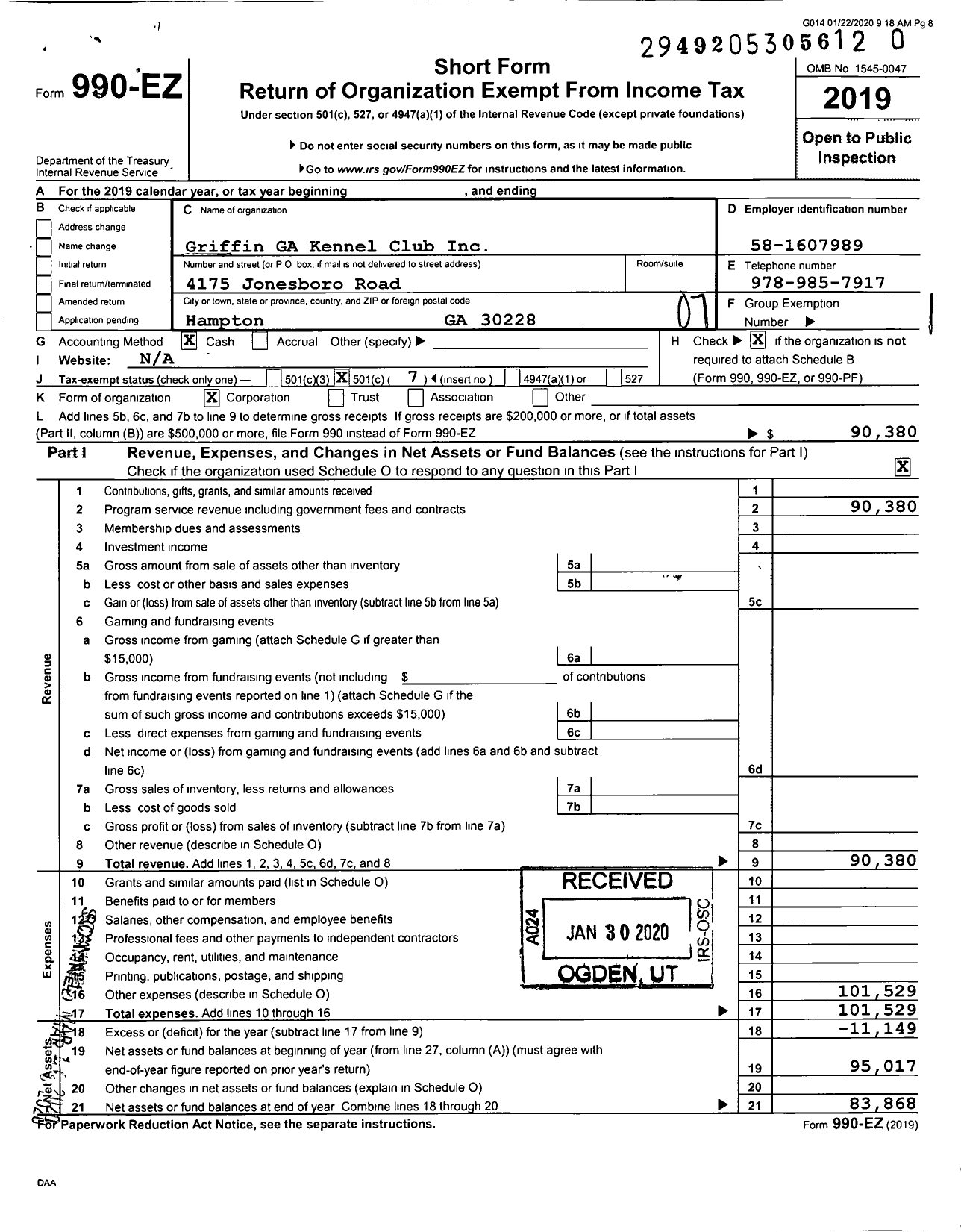 Image of first page of 2019 Form 990EO for The Griffin Georgia Kennel Club