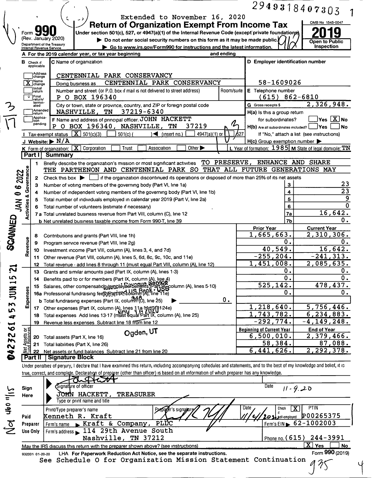 Image of first page of 2019 Form 990 for Centennial Park Conservancy