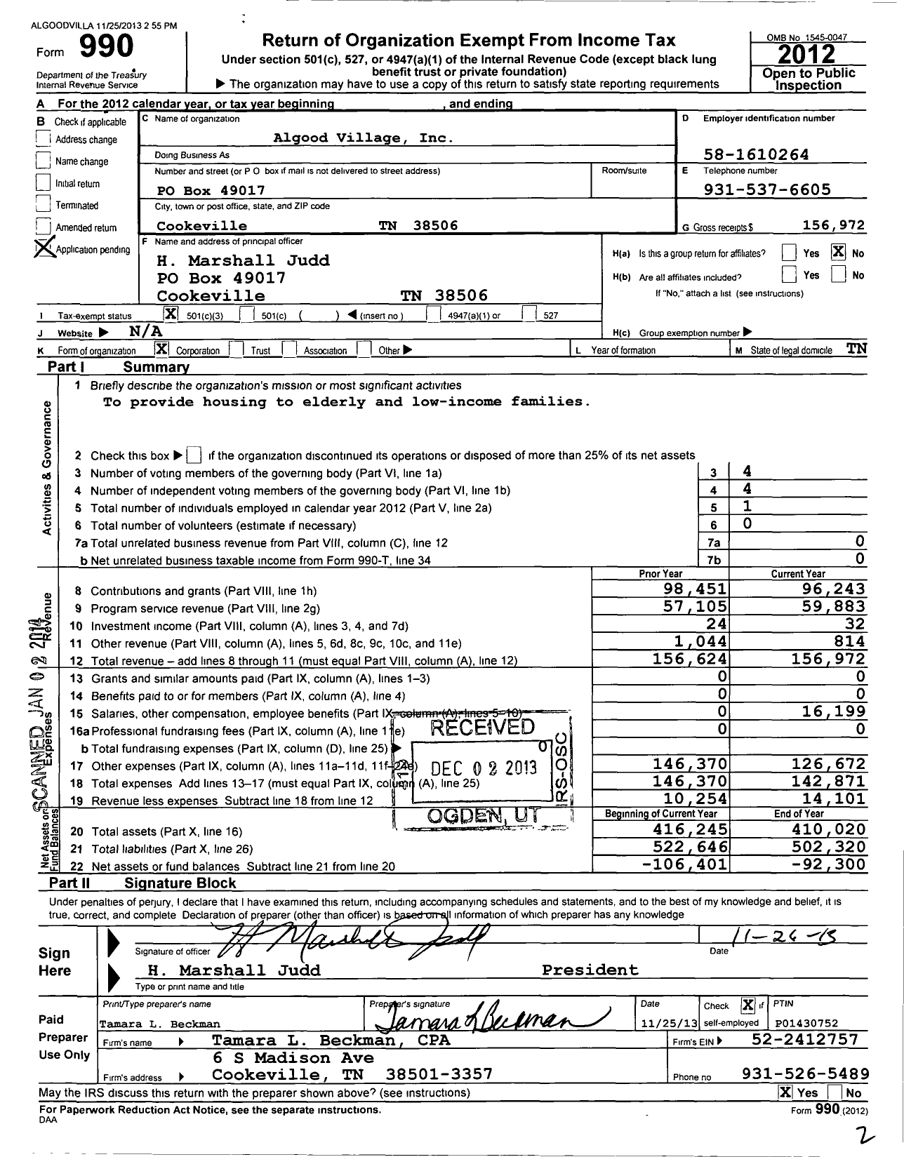 Image of first page of 2012 Form 990 for Algood Village