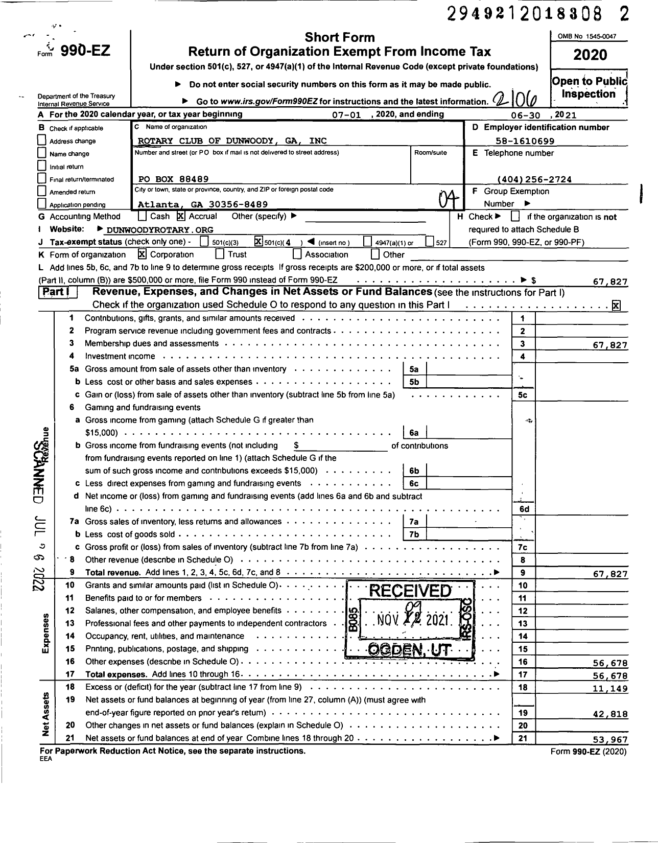 Image of first page of 2020 Form 990EO for Rotary International - Dunwoody