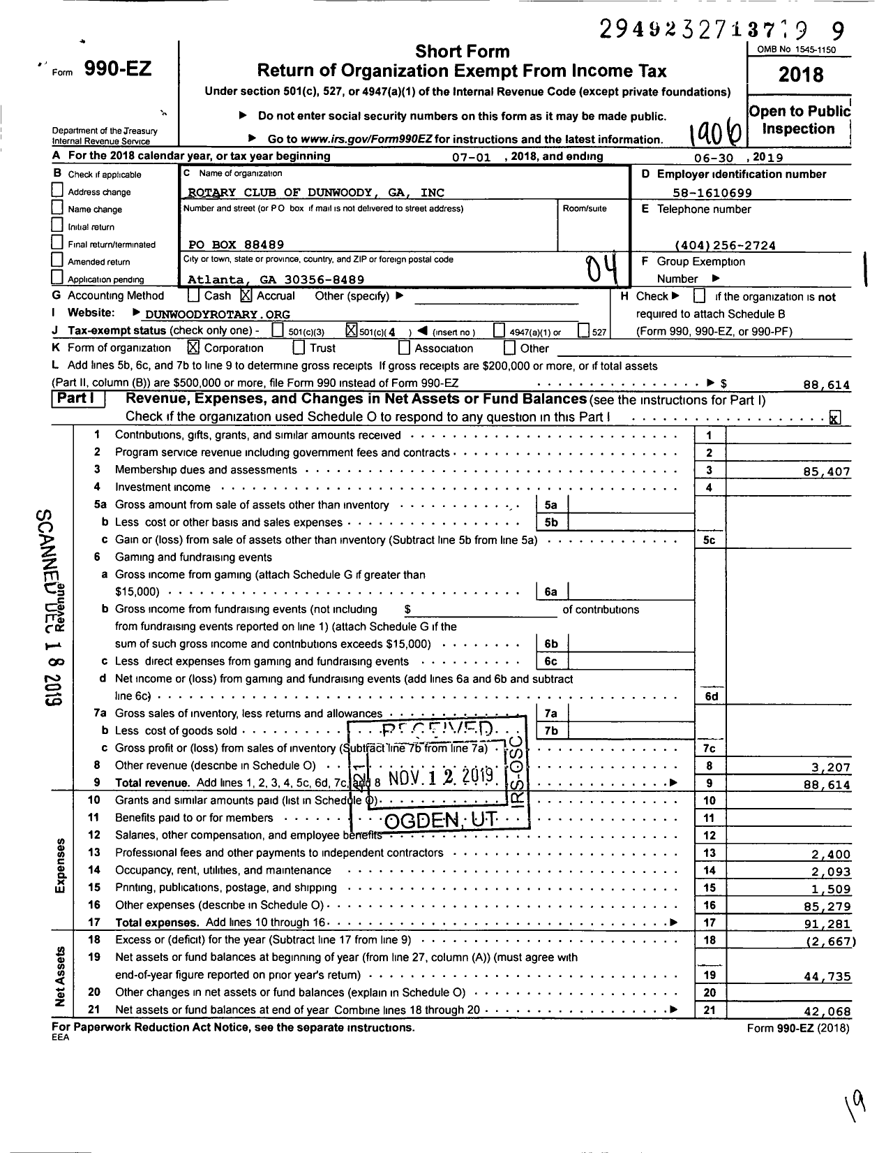 Image of first page of 2018 Form 990EO for Rotary International - Dunwoody