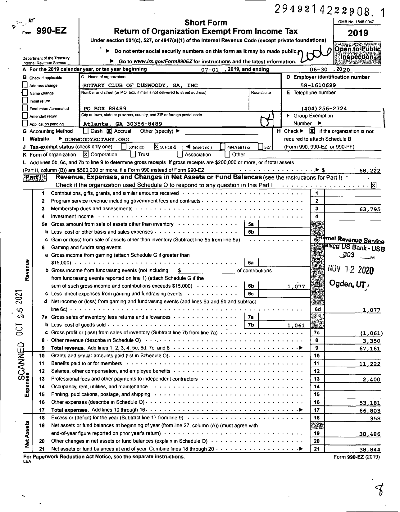 Image of first page of 2019 Form 990EO for Rotary International - Dunwoody