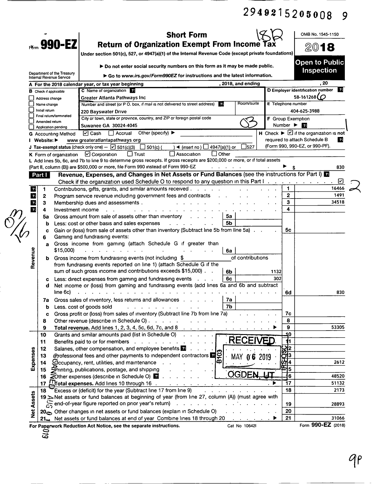 Image of first page of 2018 Form 990EZ for Greater Atlanta Pathways