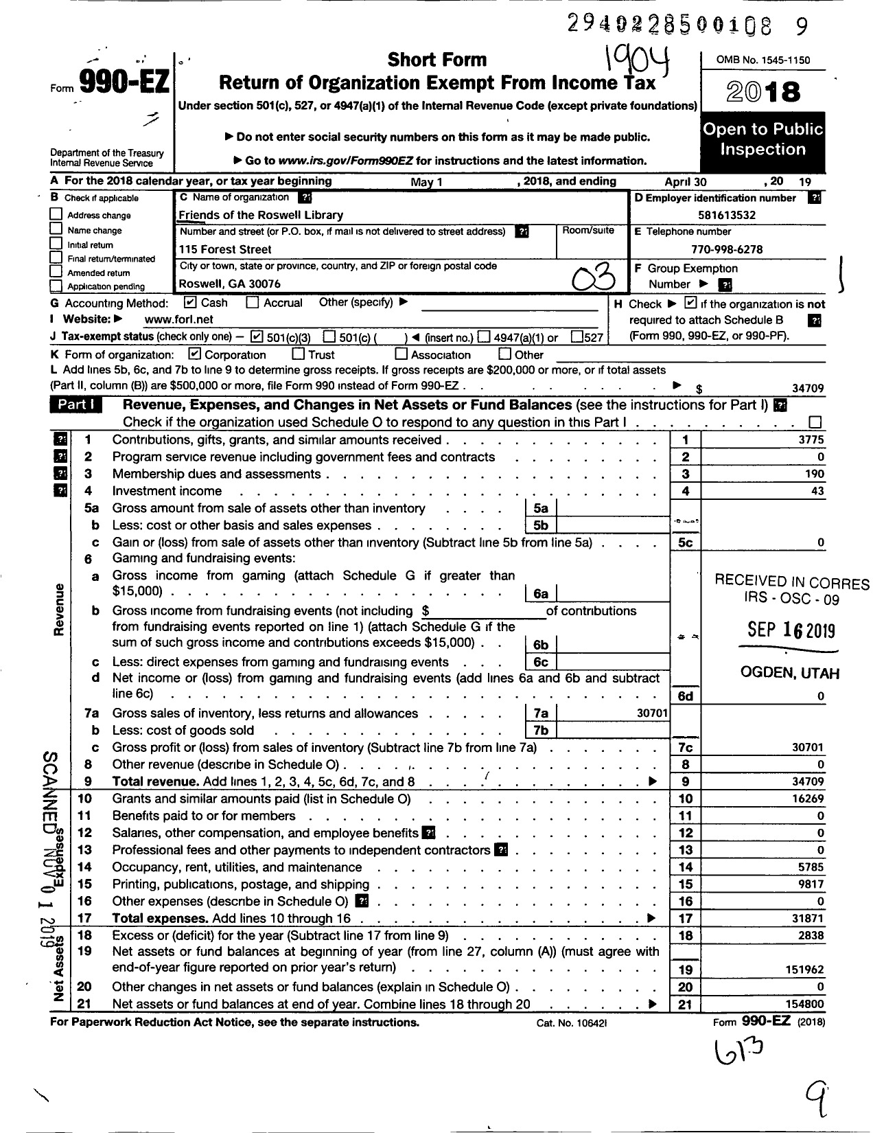 Image of first page of 2018 Form 990EZ for Friends of the Roswell Library