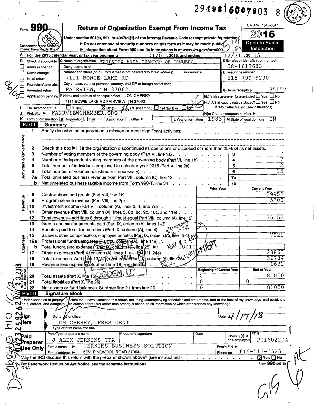 Image of first page of 2015 Form 990O for Fairview Area Chamber of Commerce