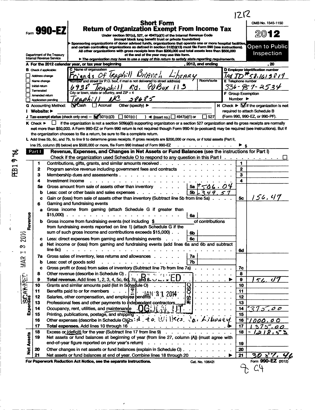 Image of first page of 2012 Form 990EZ for Friends of Traphill Branch Library