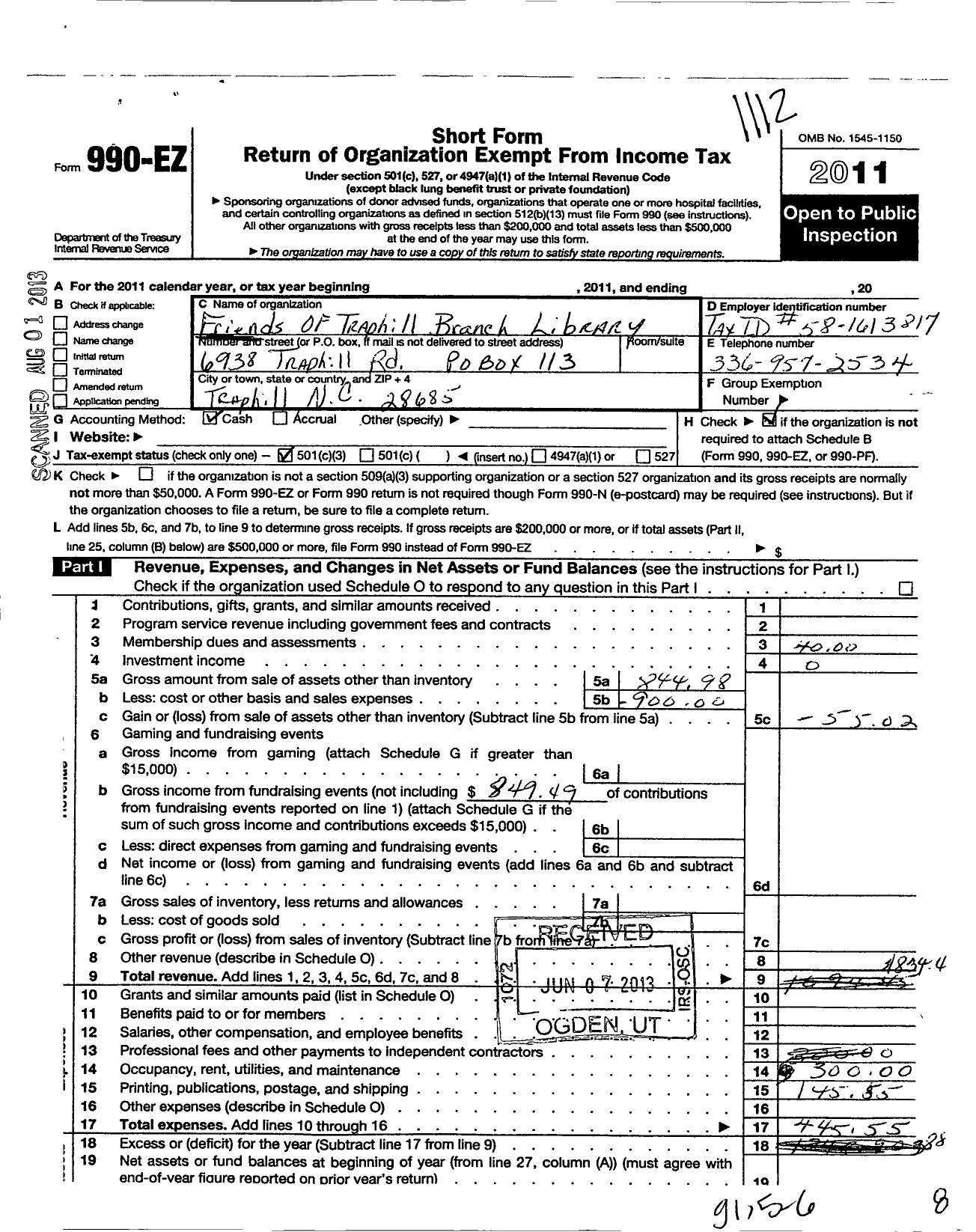 Image of first page of 2011 Form 990EZ for Friends of Traphill Branch Library