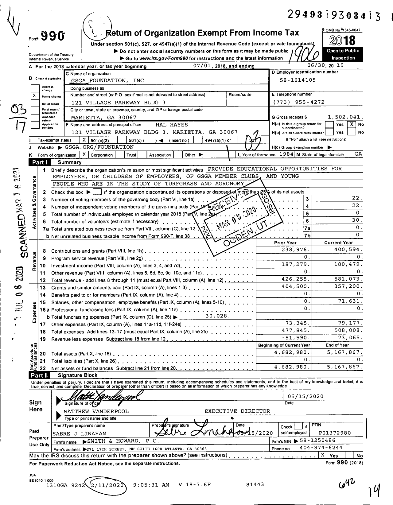 Image of first page of 2018 Form 990 for Gsga Foundation