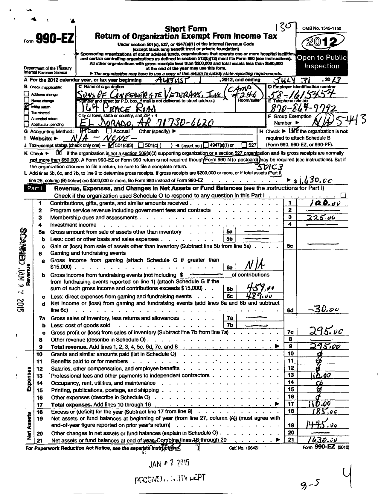 Image of first page of 2012 Form 990EZ for Sons of Confederate Veterans - 246 3rd Regiment Ar Inf