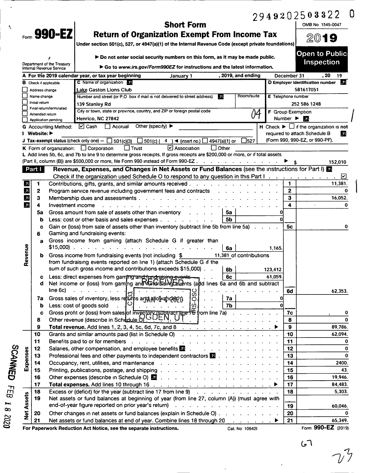 Image of first page of 2019 Form 990EO for Lions Clubs - 41974 Lake Gaston