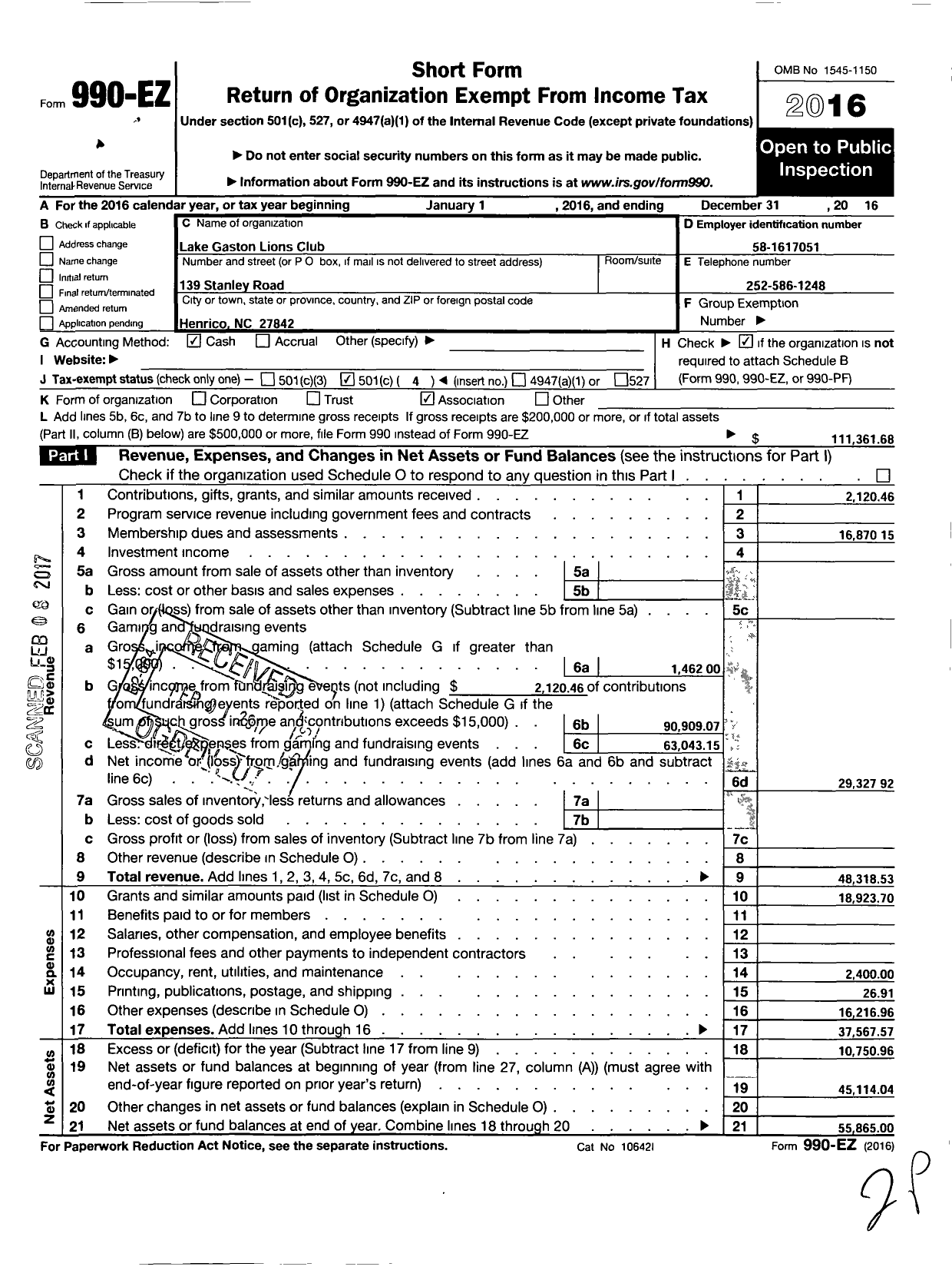 Image of first page of 2016 Form 990EO for Lions Clubs - 41974 Lake Gaston