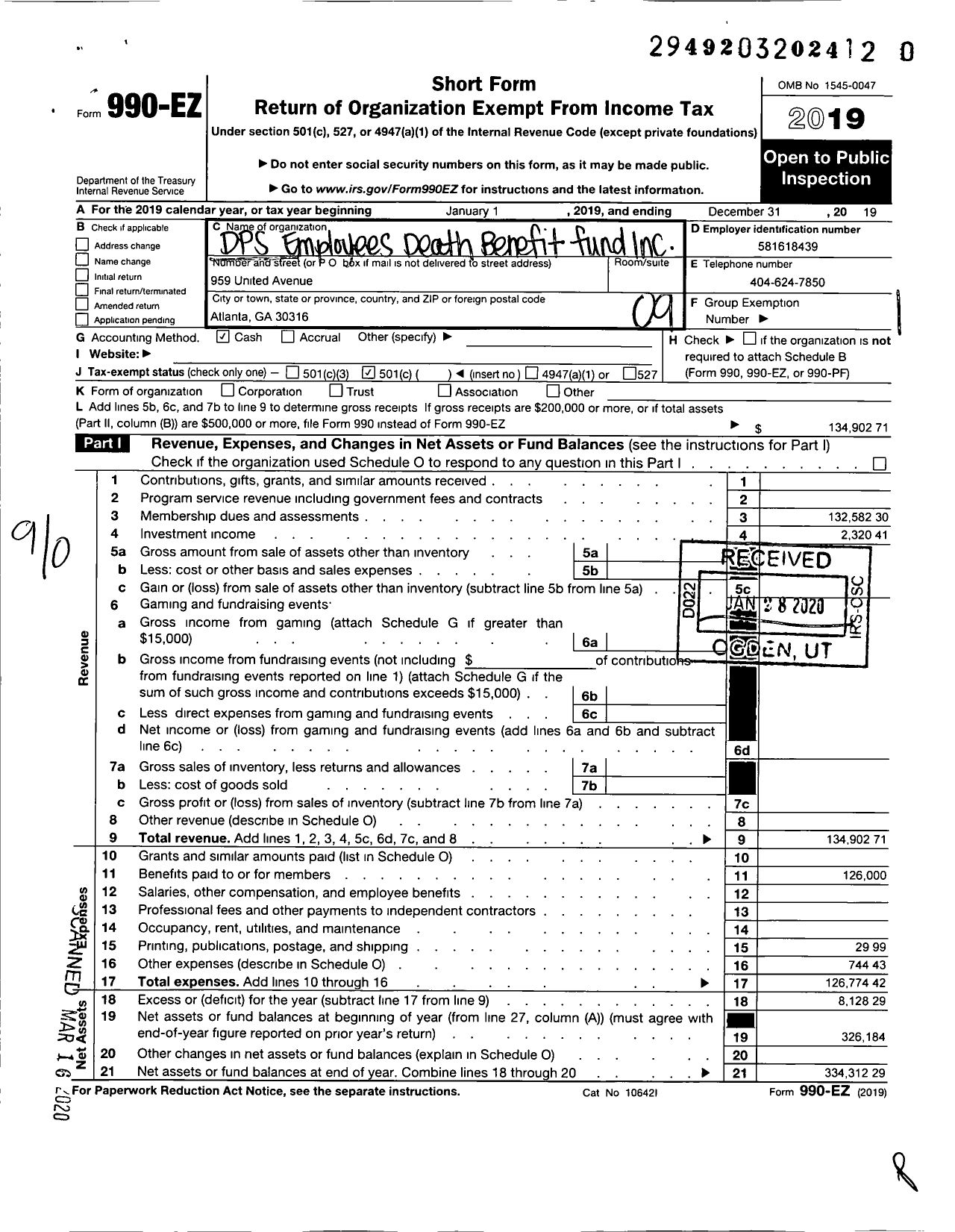 Image of first page of 2019 Form 990EO for DPS Employees Death Benefit Fund