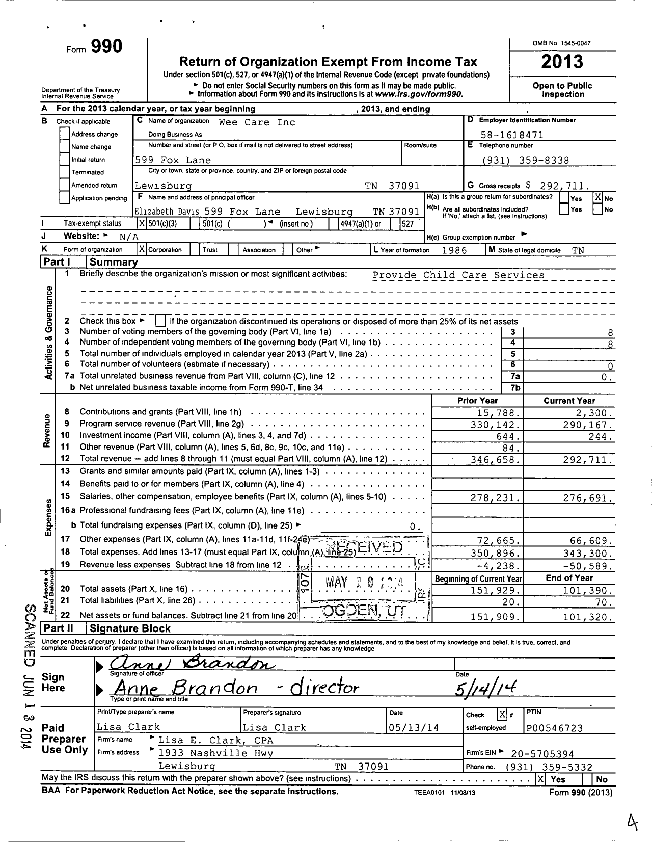 Image of first page of 2013 Form 990 for Wee Care