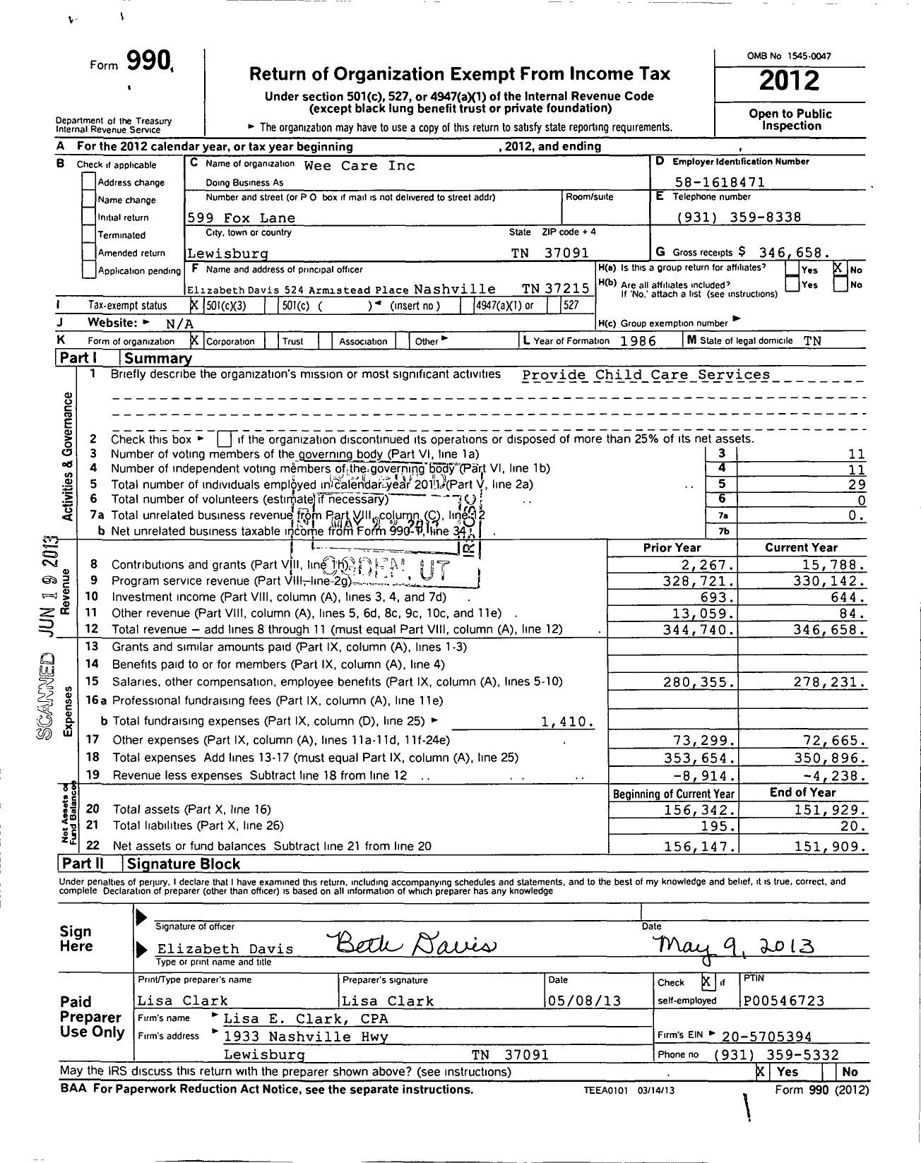 Image of first page of 2012 Form 990 for Wee Care