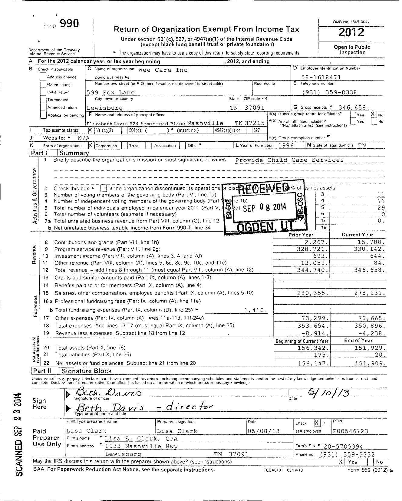 Image of first page of 2012 Form 990 for Wee Care