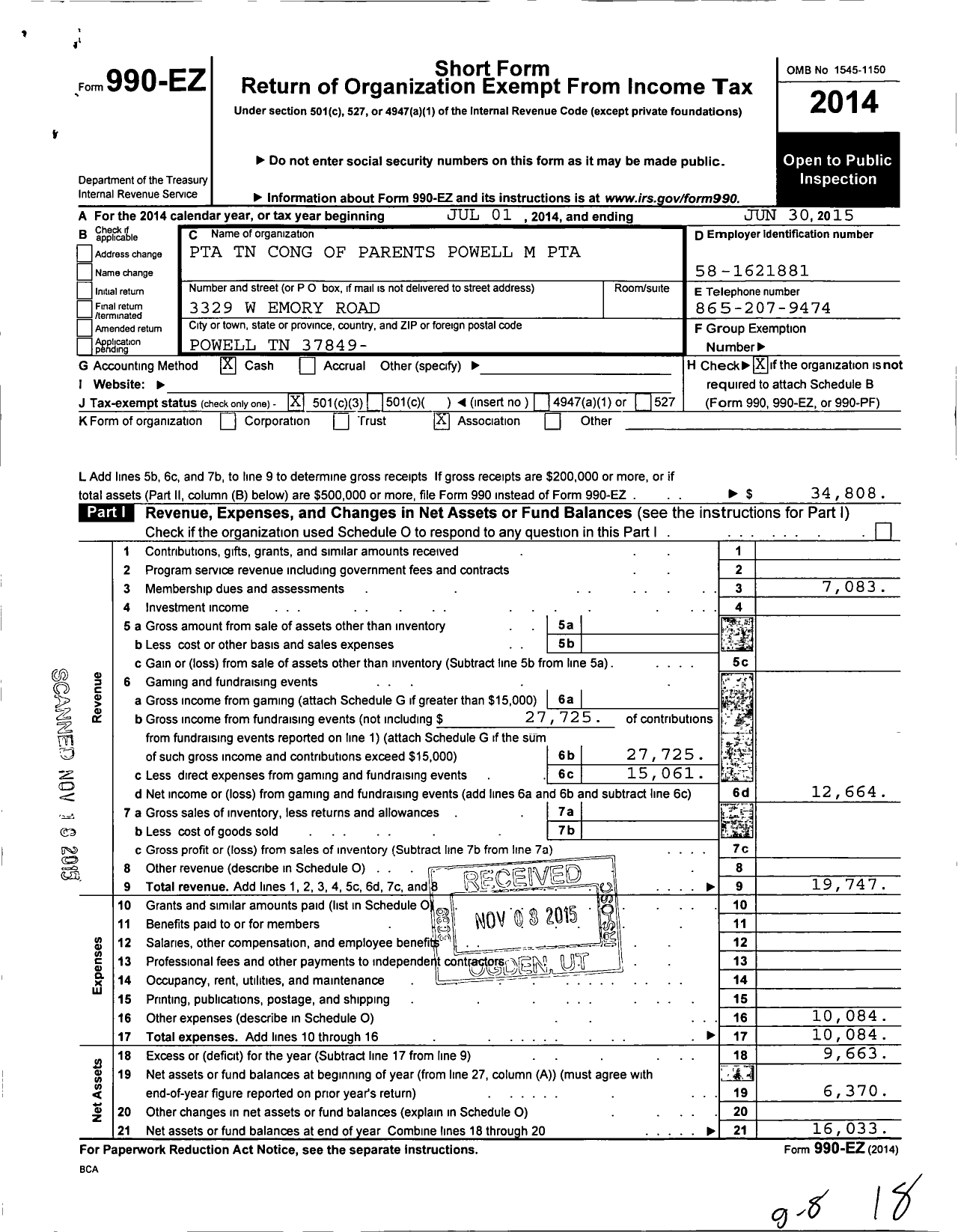 Image of first page of 2014 Form 990EZ for PTA Tennessee Congress of Parents and Teachers / Powell Middle PTA