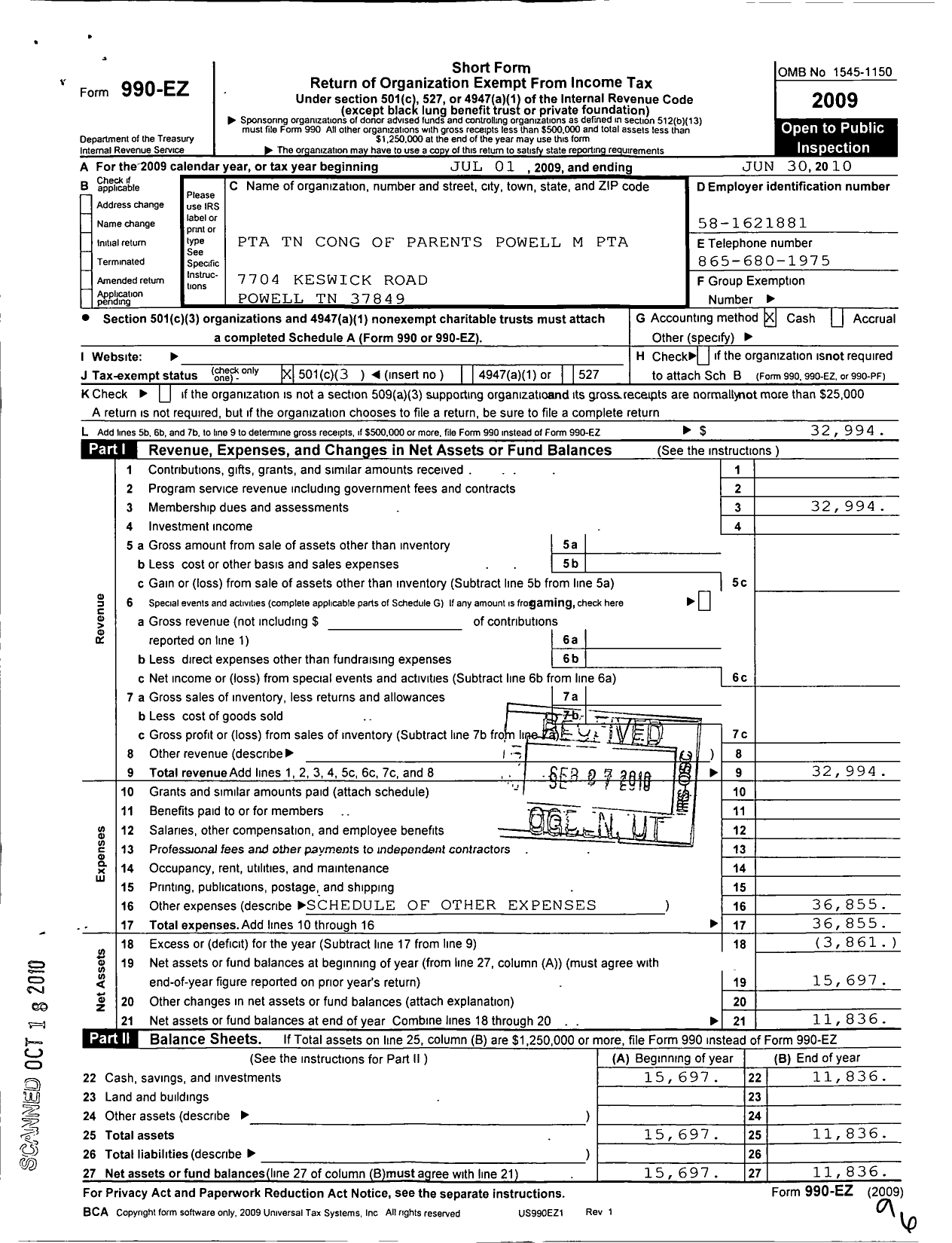 Image of first page of 2009 Form 990EZ for PTA Tennessee Congress of Parents and Teachers / Powell Middle PTA