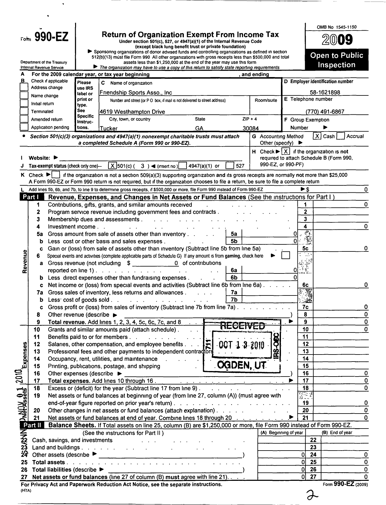 Image of first page of 2009 Form 990EZ for Friendship Sports Association