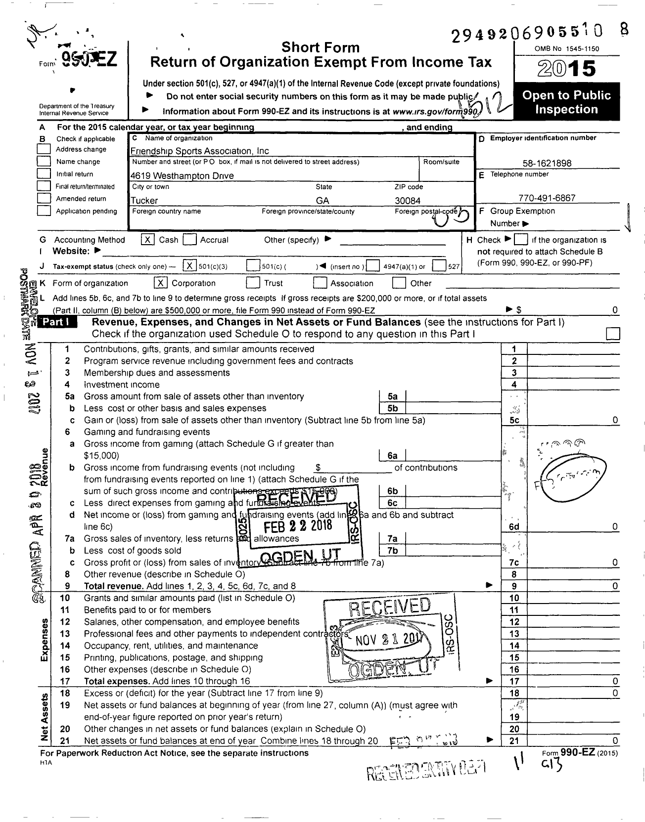 Image of first page of 2015 Form 990EZ for Friendship Sports Association