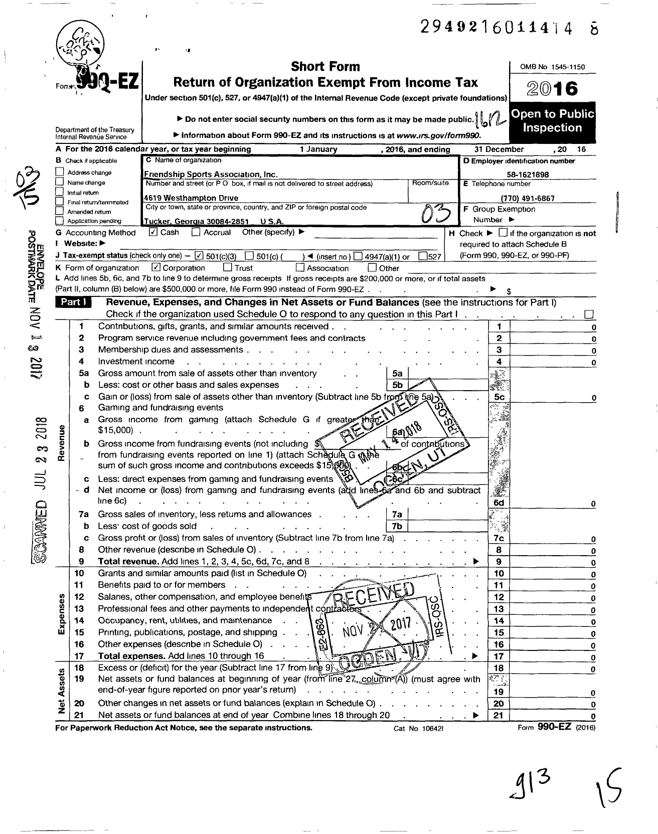 Image of first page of 2016 Form 990EZ for Friendship Sports Association