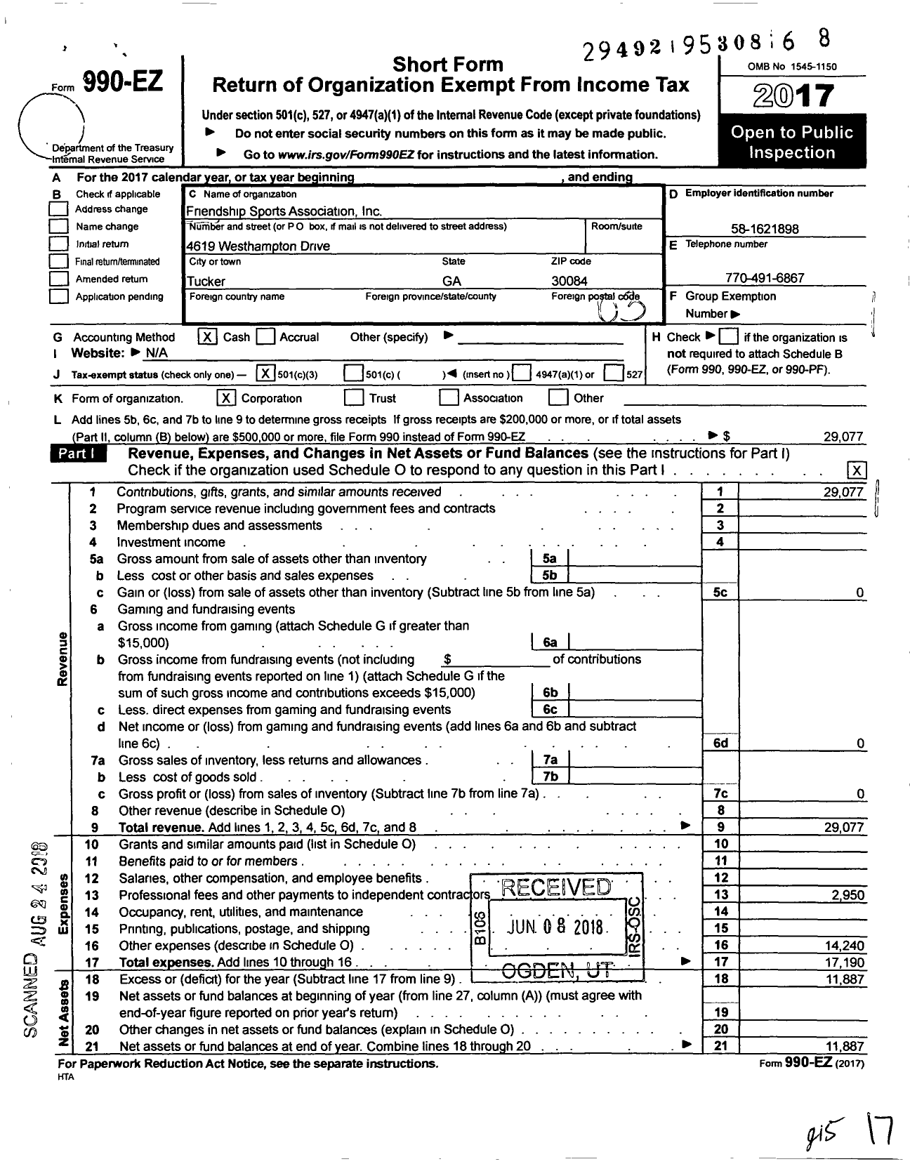 Image of first page of 2017 Form 990EZ for Friendship Sports Association