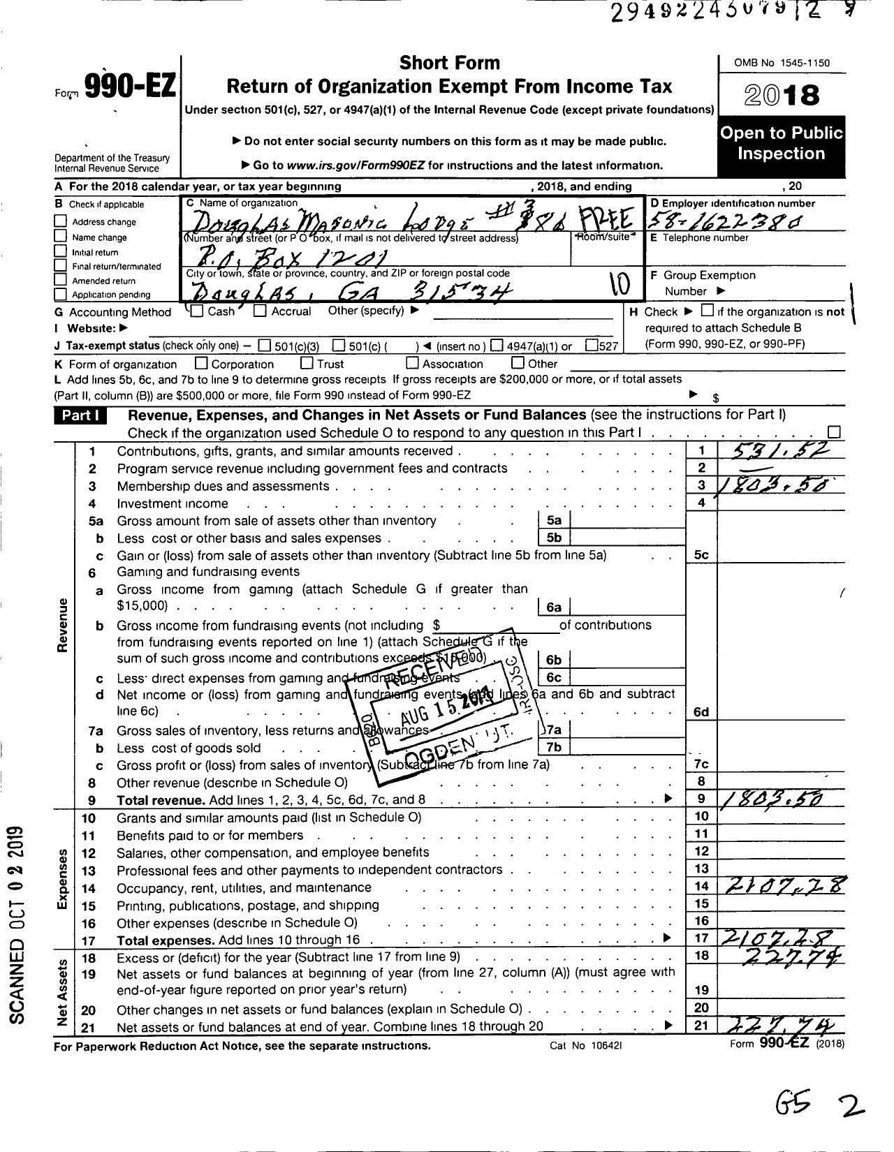 Image of first page of 2018 Form 990EO for Douglas Lodge No 386 F and A M Under the MW Grand Lodge of Georgia