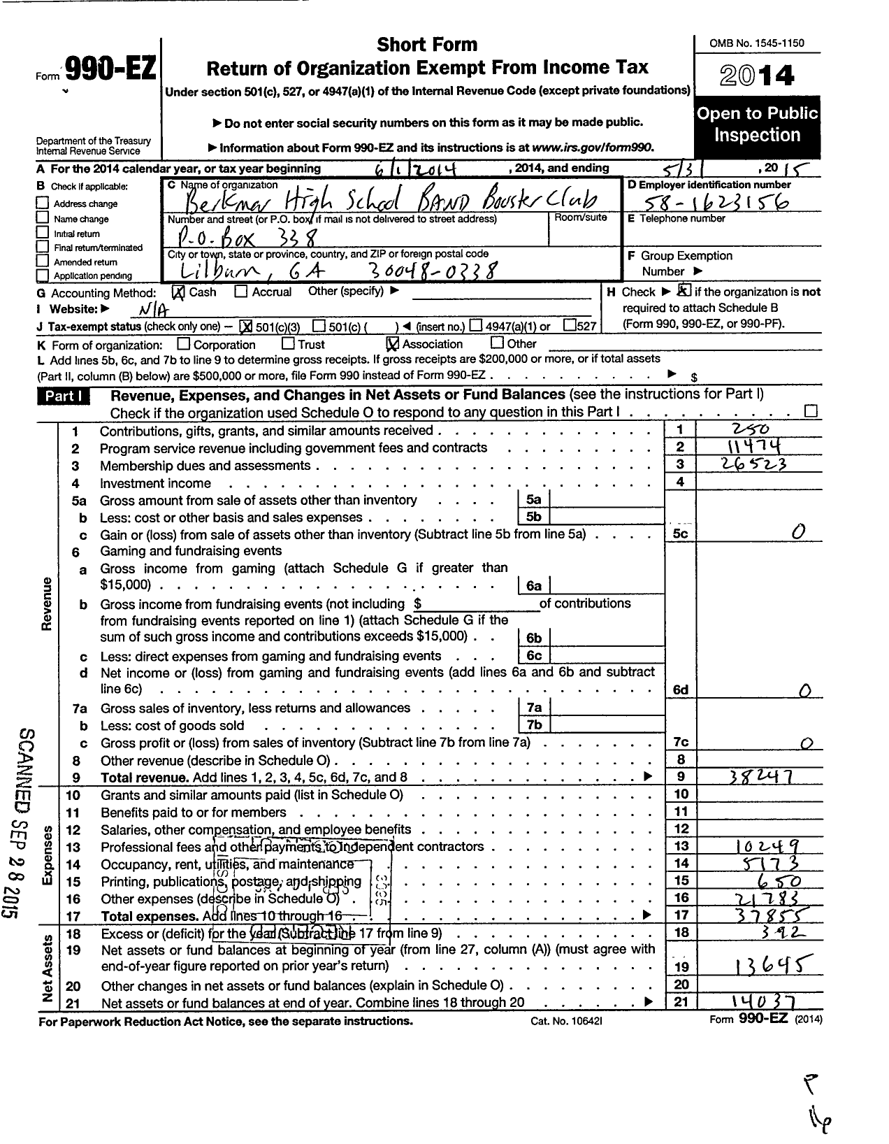 Image of first page of 2014 Form 990EZ for Berkmar High School Band Booster Club