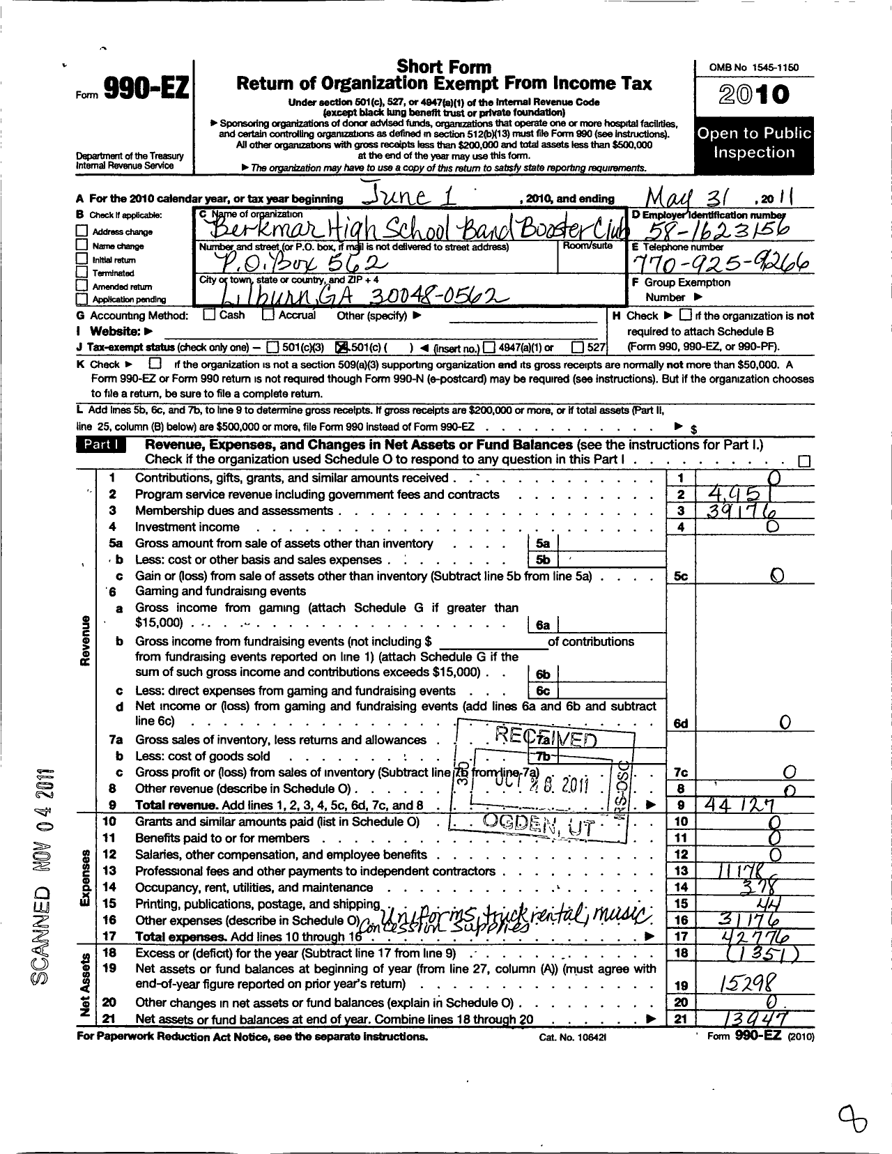 Image of first page of 2010 Form 990EO for Berkmar High School Band Booster Club