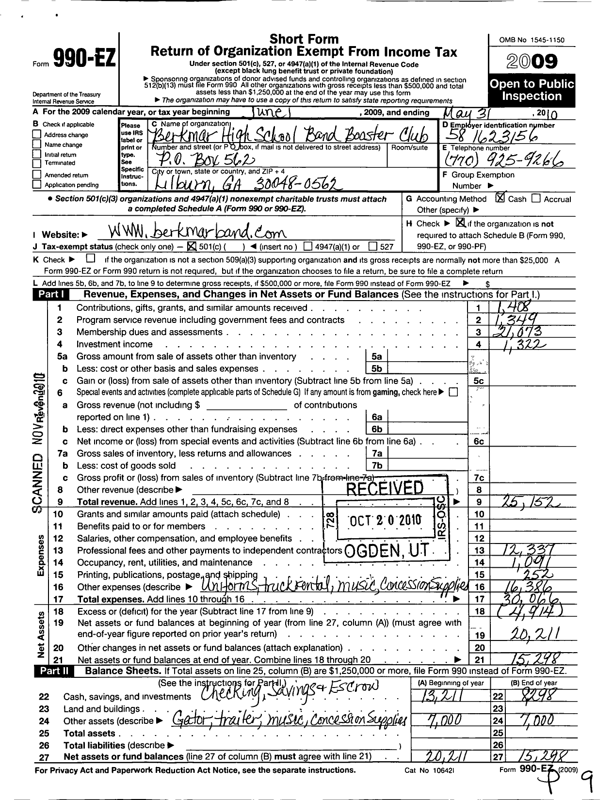 Image of first page of 2009 Form 990EO for Berkmar High School Band Booster Club