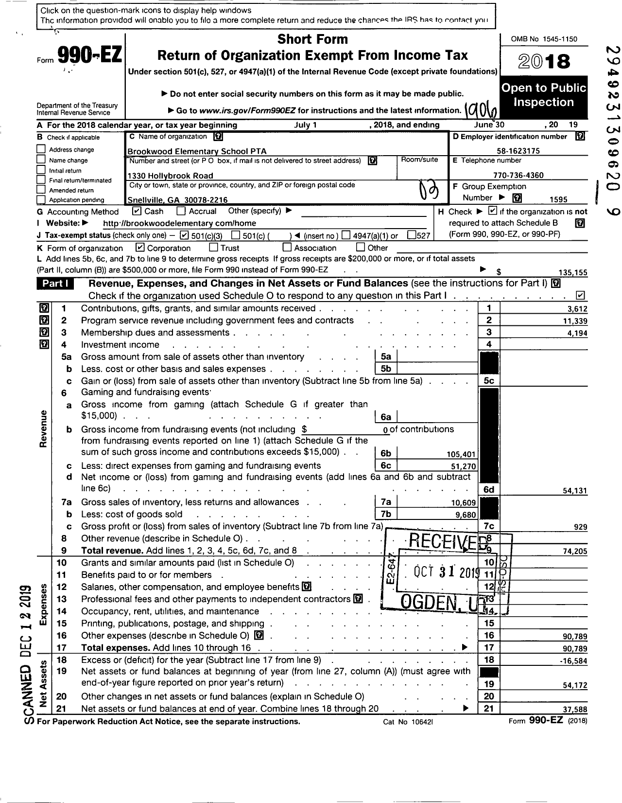 Image of first page of 2018 Form 990EZ for Georgia PTA - Brookwood Es PTA