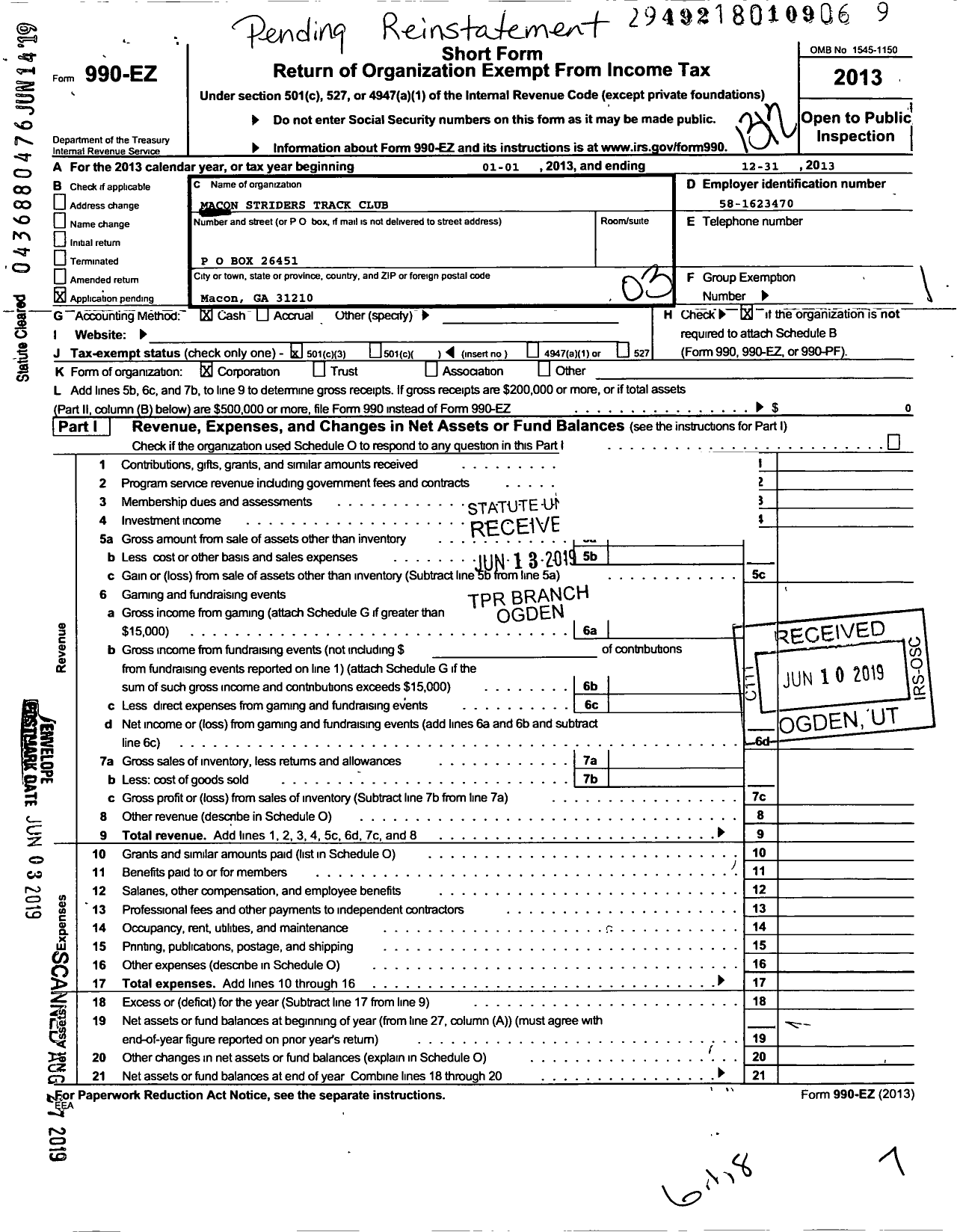 Image of first page of 2013 Form 990EZ for Macon Striders Track Club