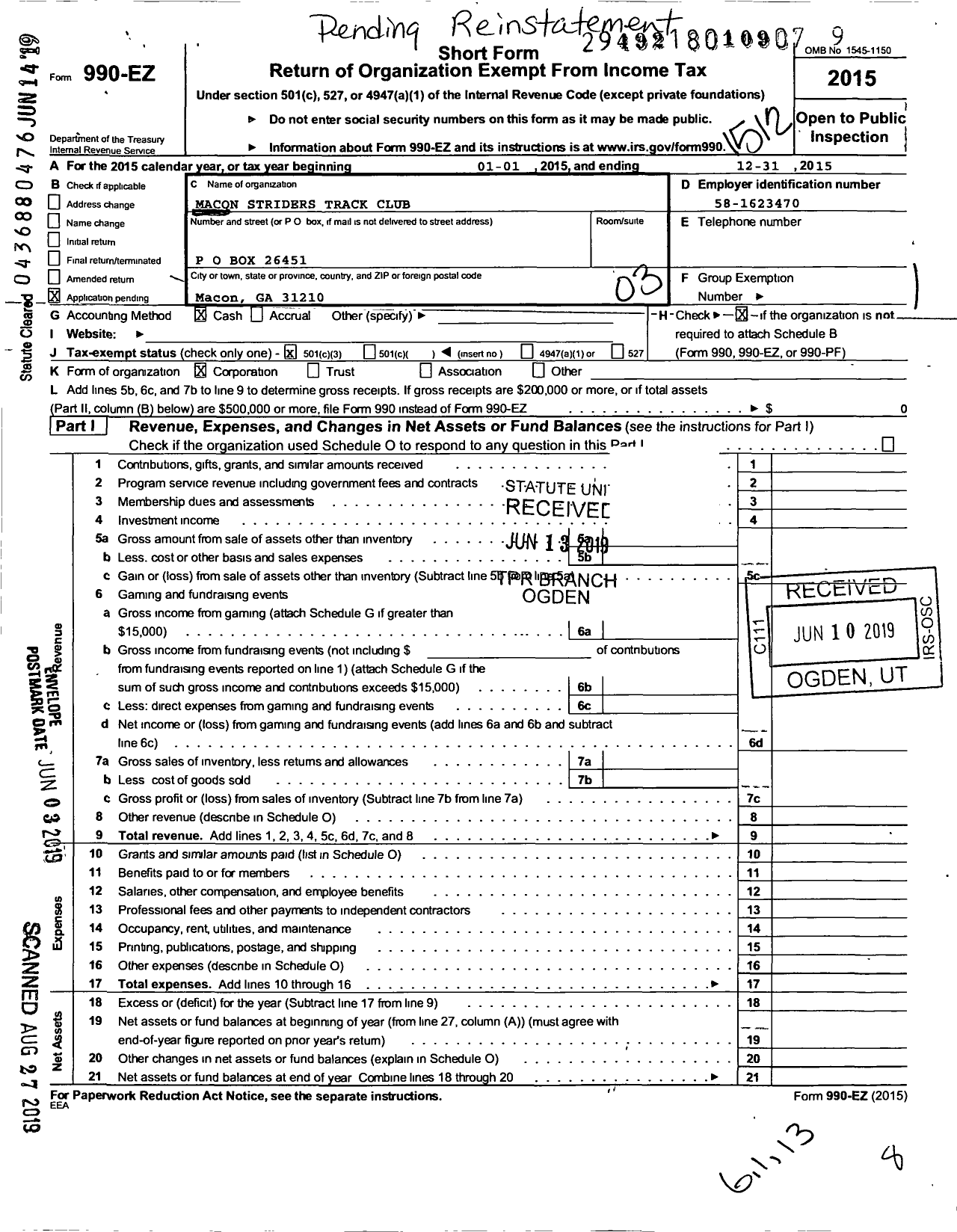 Image of first page of 2015 Form 990EZ for Macon Striders Track Club