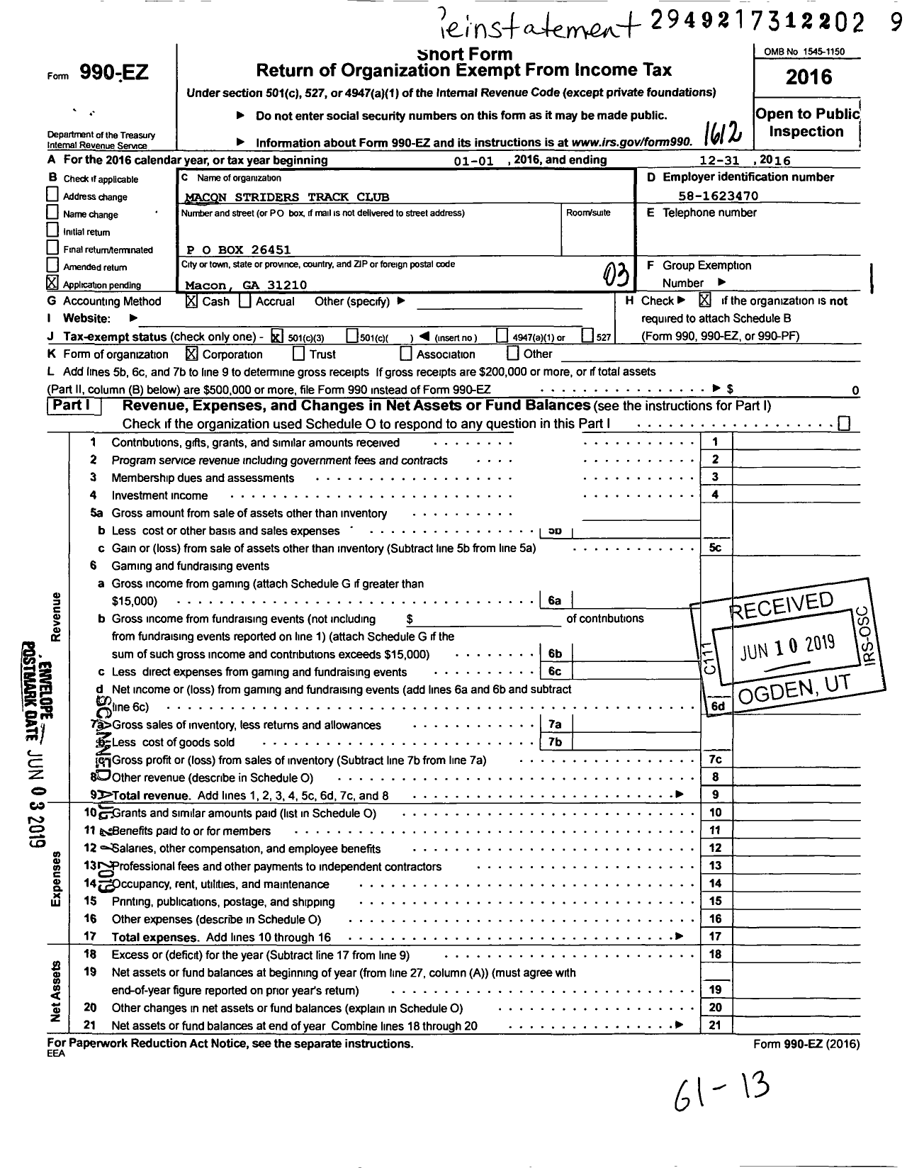 Image of first page of 2016 Form 990EZ for Macon Striders Track Club