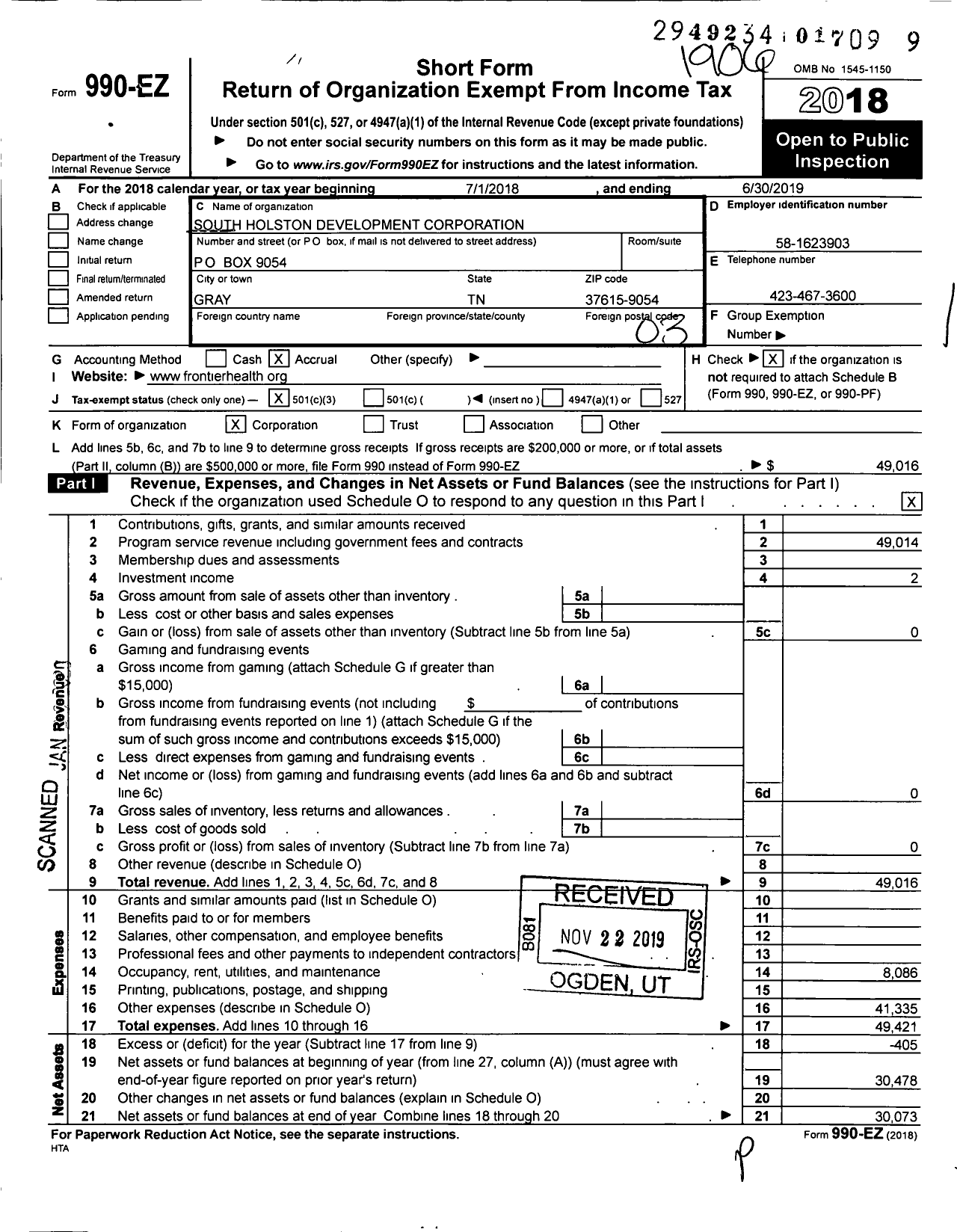 Image of first page of 2018 Form 990EZ for South Holston Development Corporation