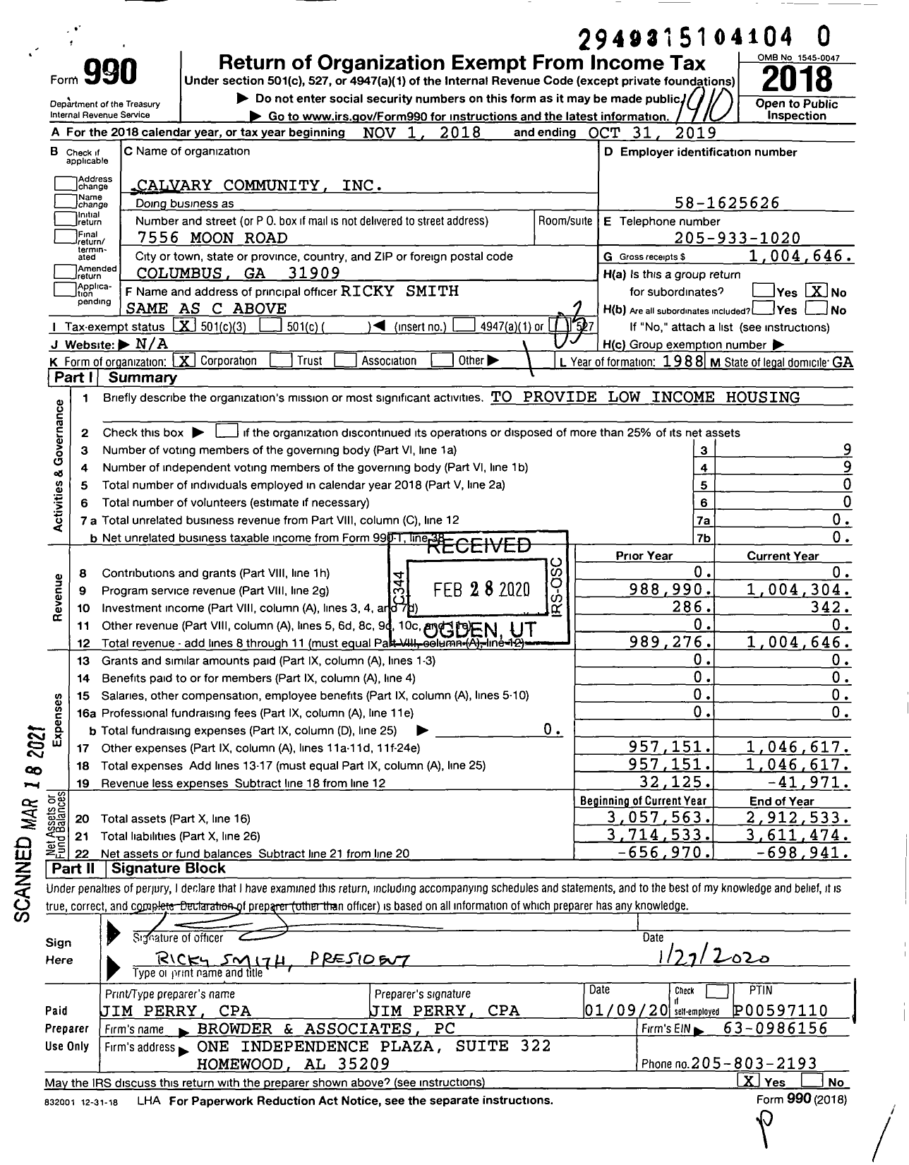 Image of first page of 2018 Form 990 for Calvary Community