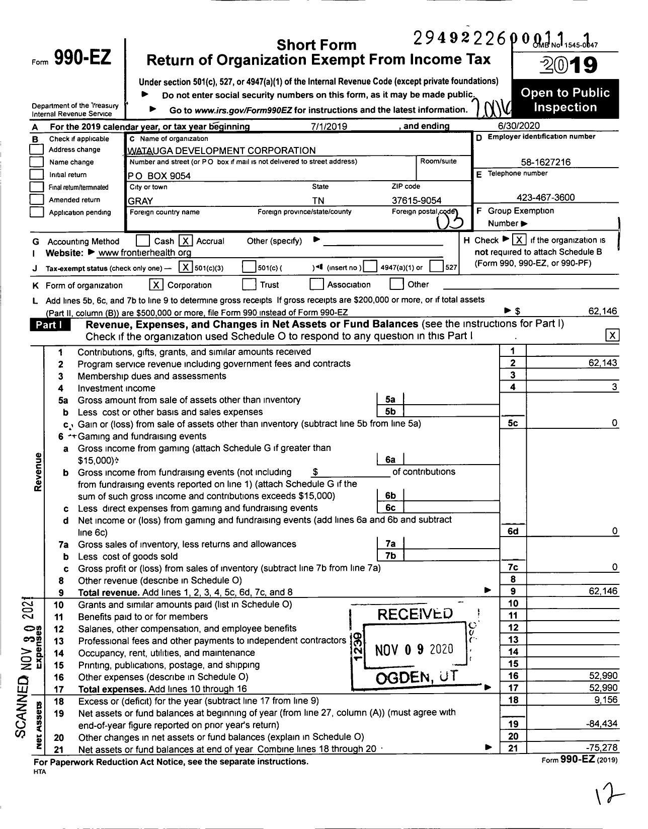 Image of first page of 2019 Form 990EZ for Watauga Development Corporation