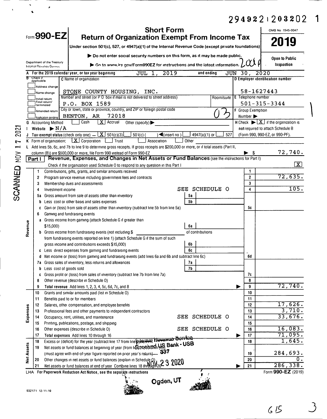 Image of first page of 2019 Form 990EZ for Stone County Housing