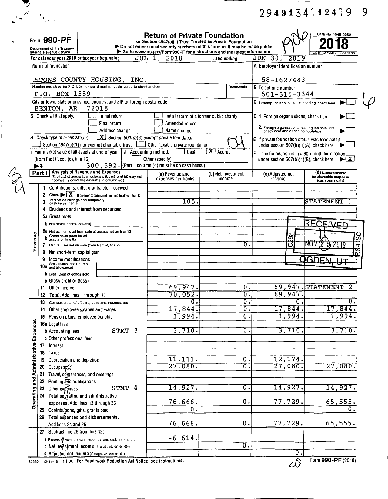 Image of first page of 2018 Form 990PF for Stone County Housing