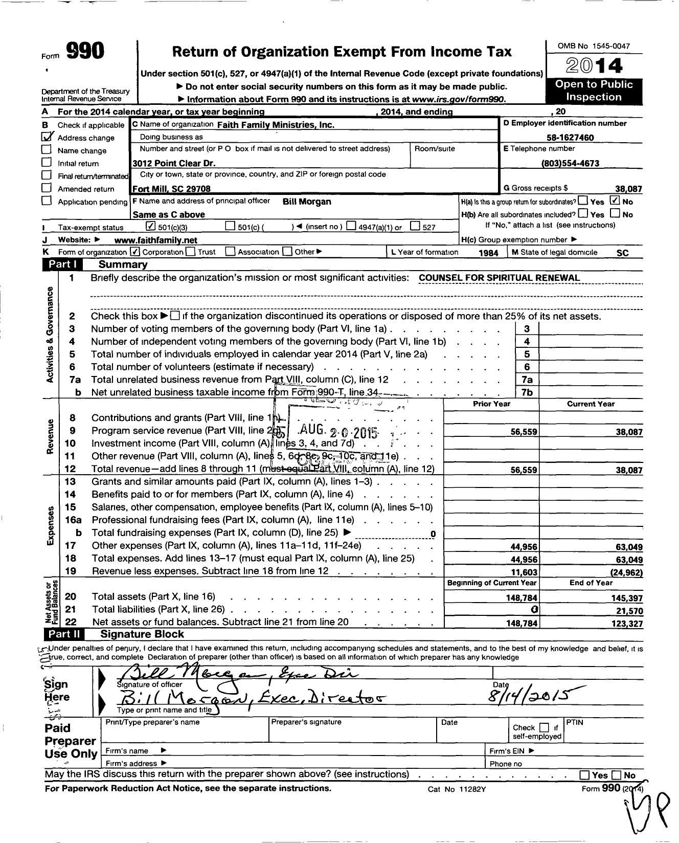 Image of first page of 2014 Form 990 for Faith Family Ministries