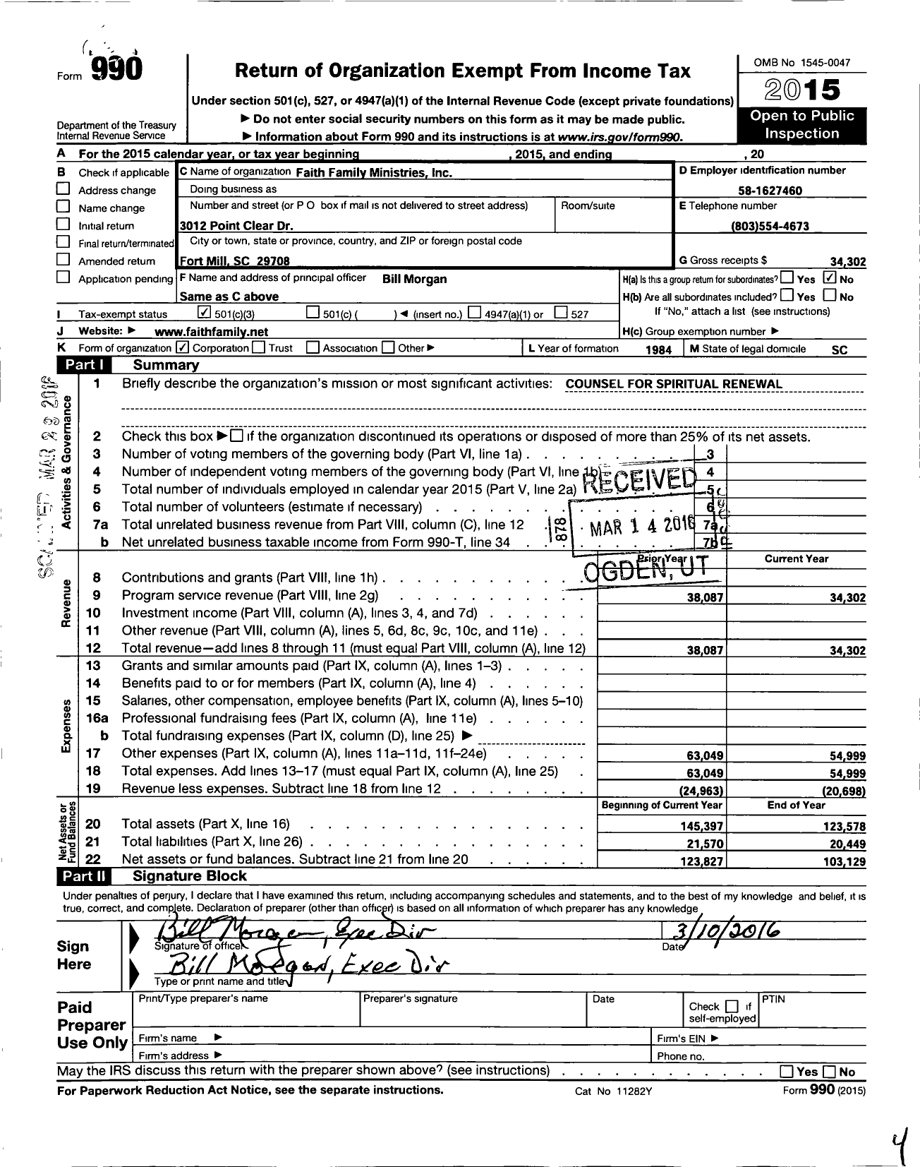 Image of first page of 2015 Form 990 for Faith Family Ministries