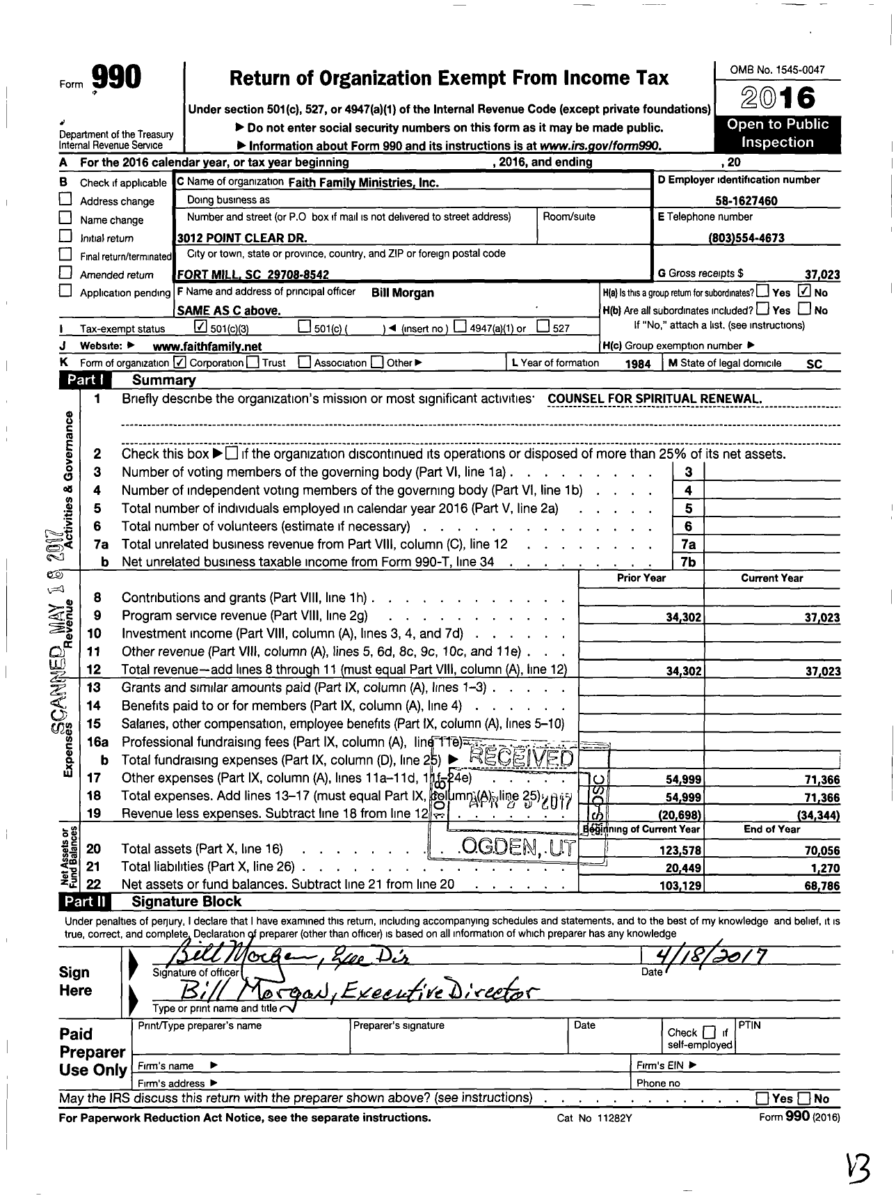 Image of first page of 2016 Form 990 for Faith Family Ministries