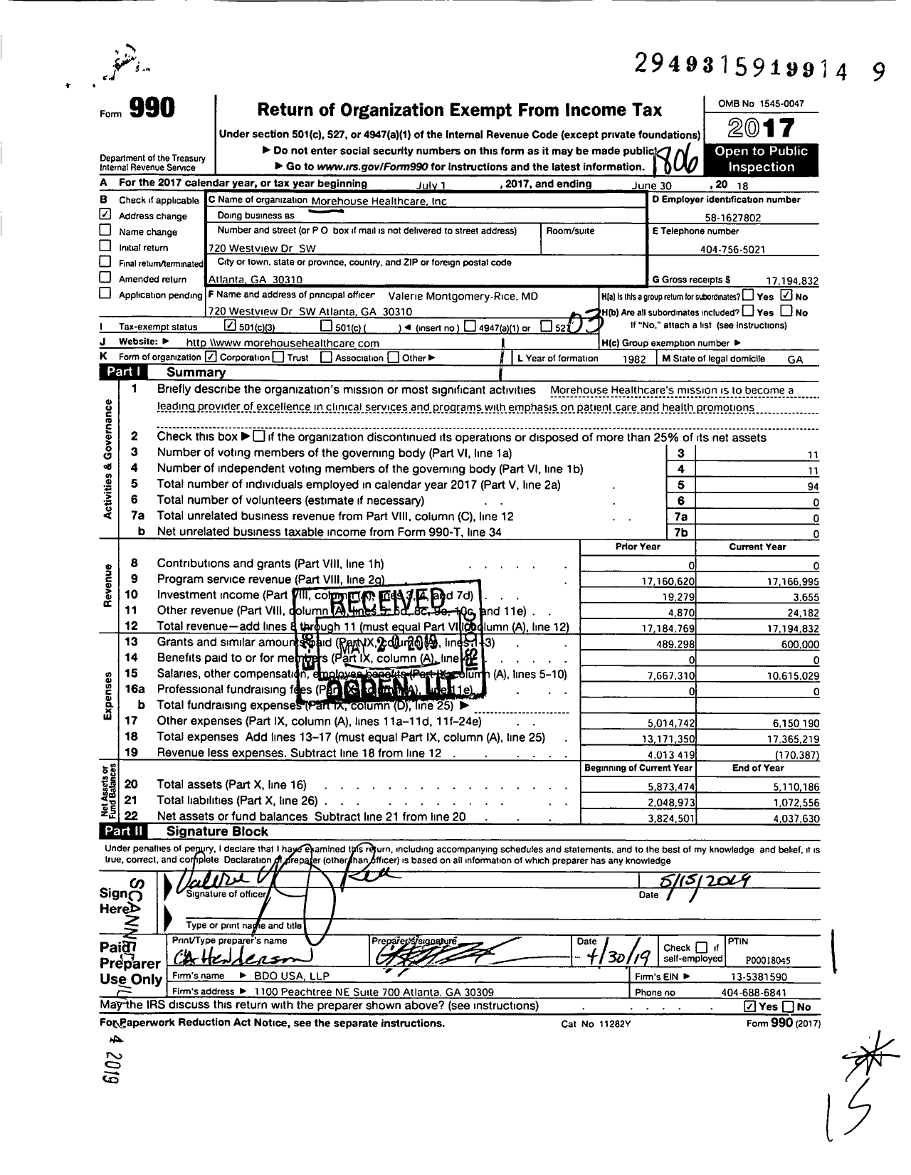 Image of first page of 2017 Form 990 for Morehouse Healthcare