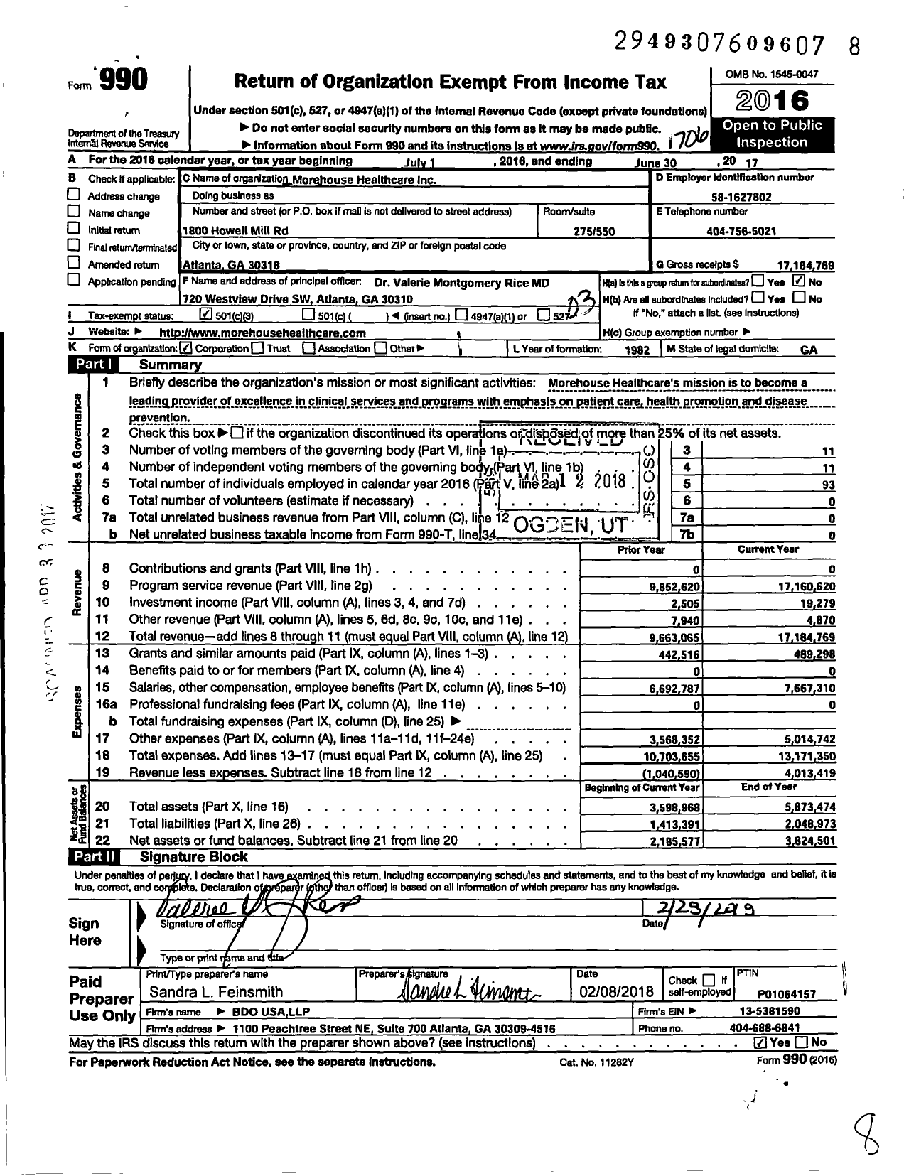 Image of first page of 2016 Form 990 for Morehouse Healthcare