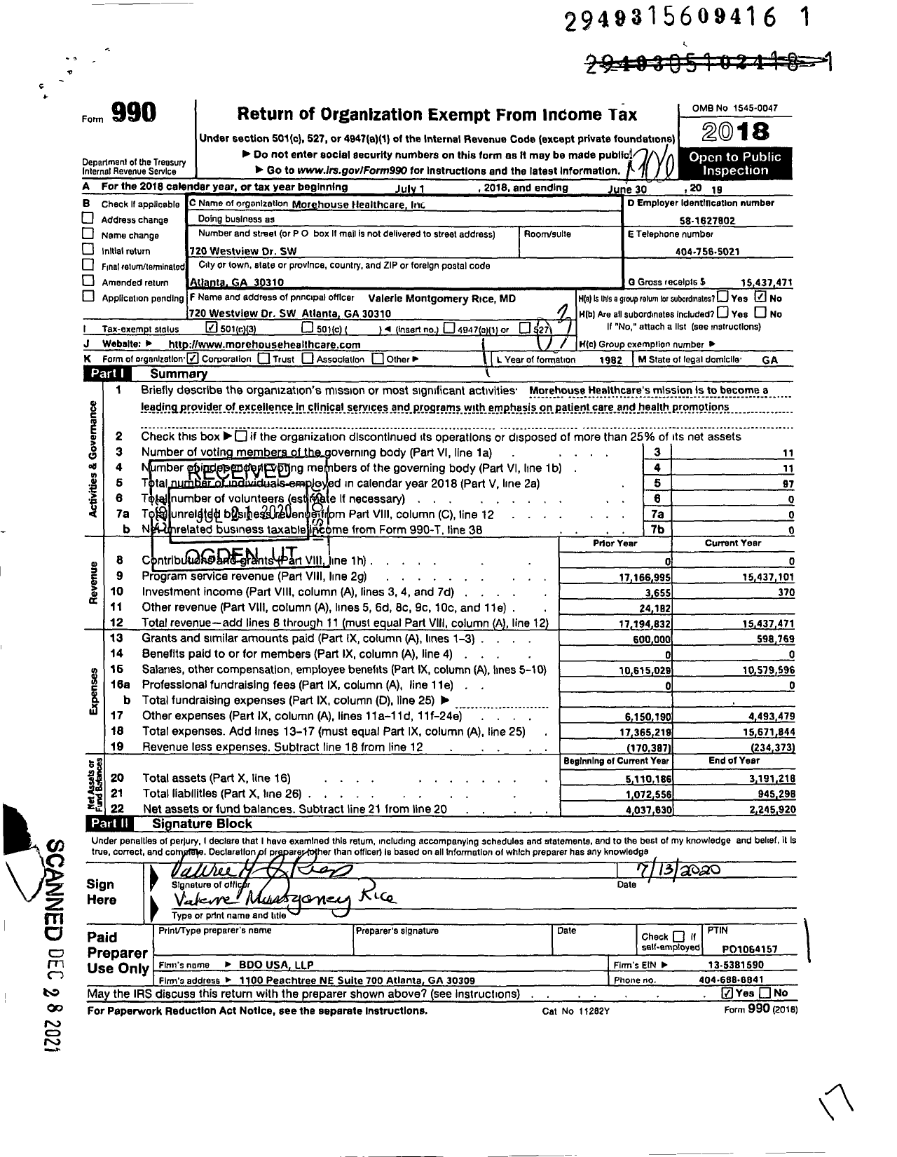 Image of first page of 2018 Form 990 for Morehouse Healthcare