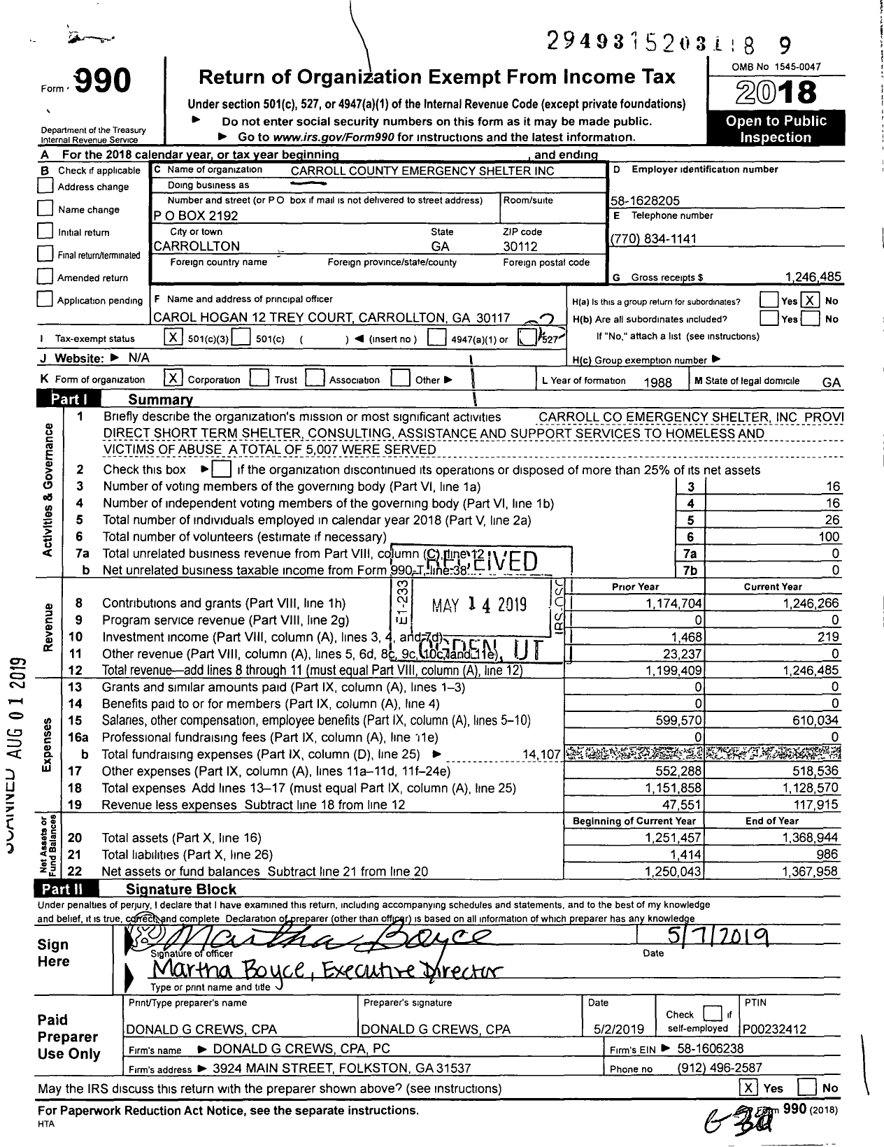 Image of first page of 2018 Form 990 for Carroll County Emergency Shelter