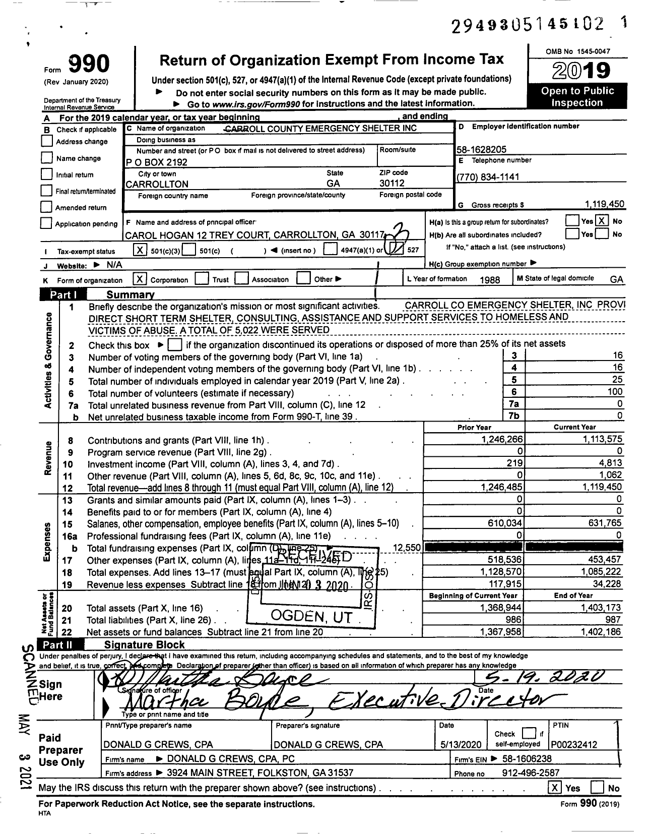 Image of first page of 2019 Form 990 for Carroll County Emergency Shelter