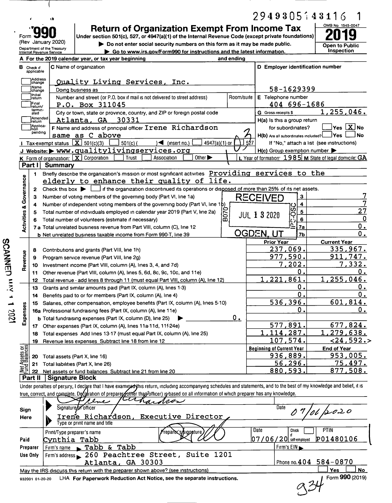 Image of first page of 2019 Form 990 for Quality Living Services