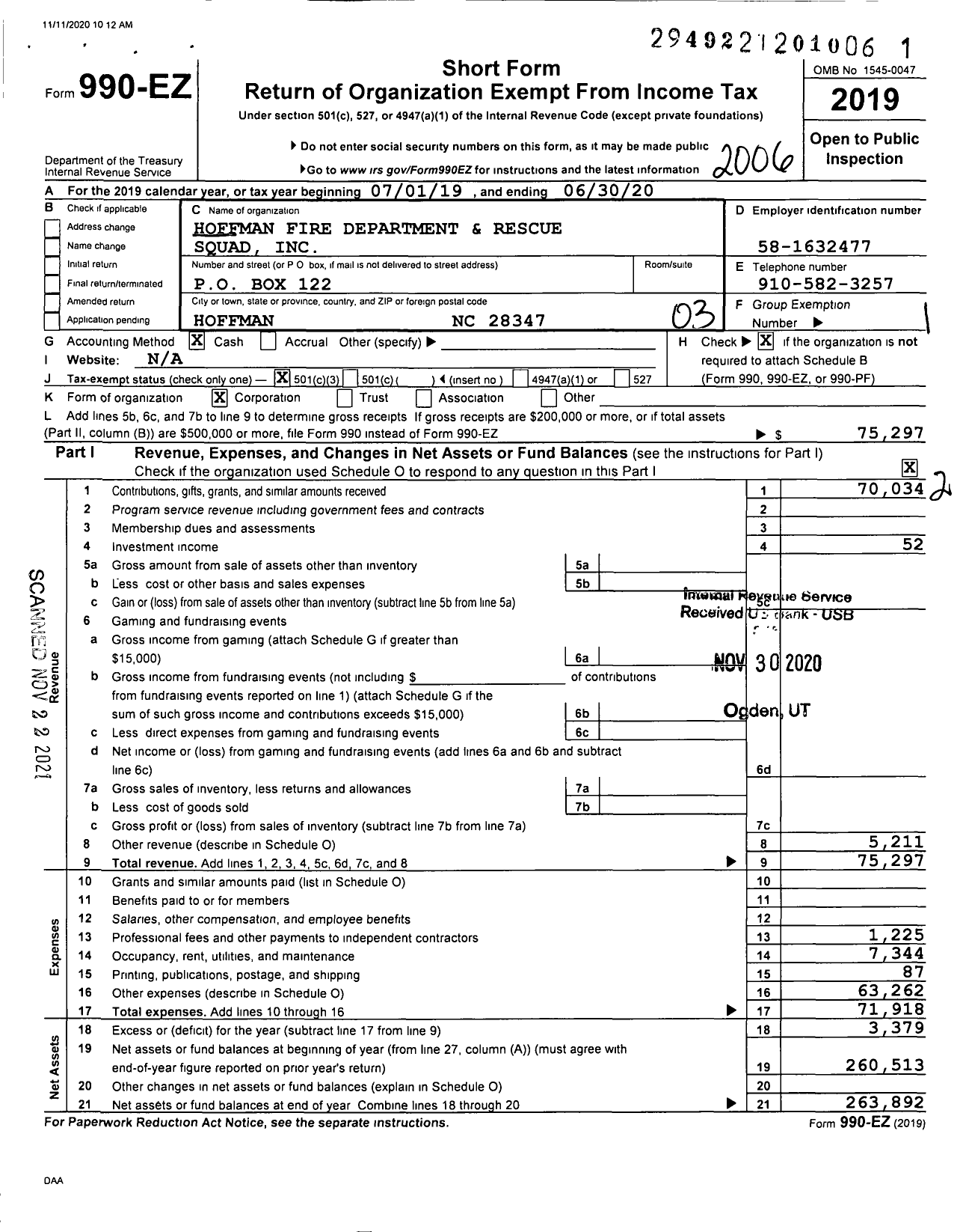 Image of first page of 2019 Form 990EZ for Hoffman Fire Department and Rescue Squad