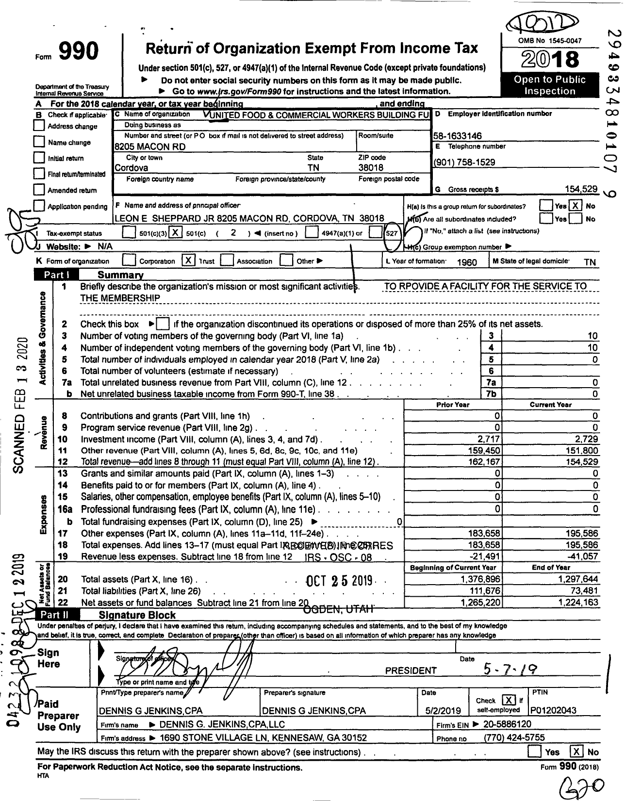 Image of first page of 2018 Form 990O for United Food & Commercial Workers Union - 1529 Bldg Fund Corp