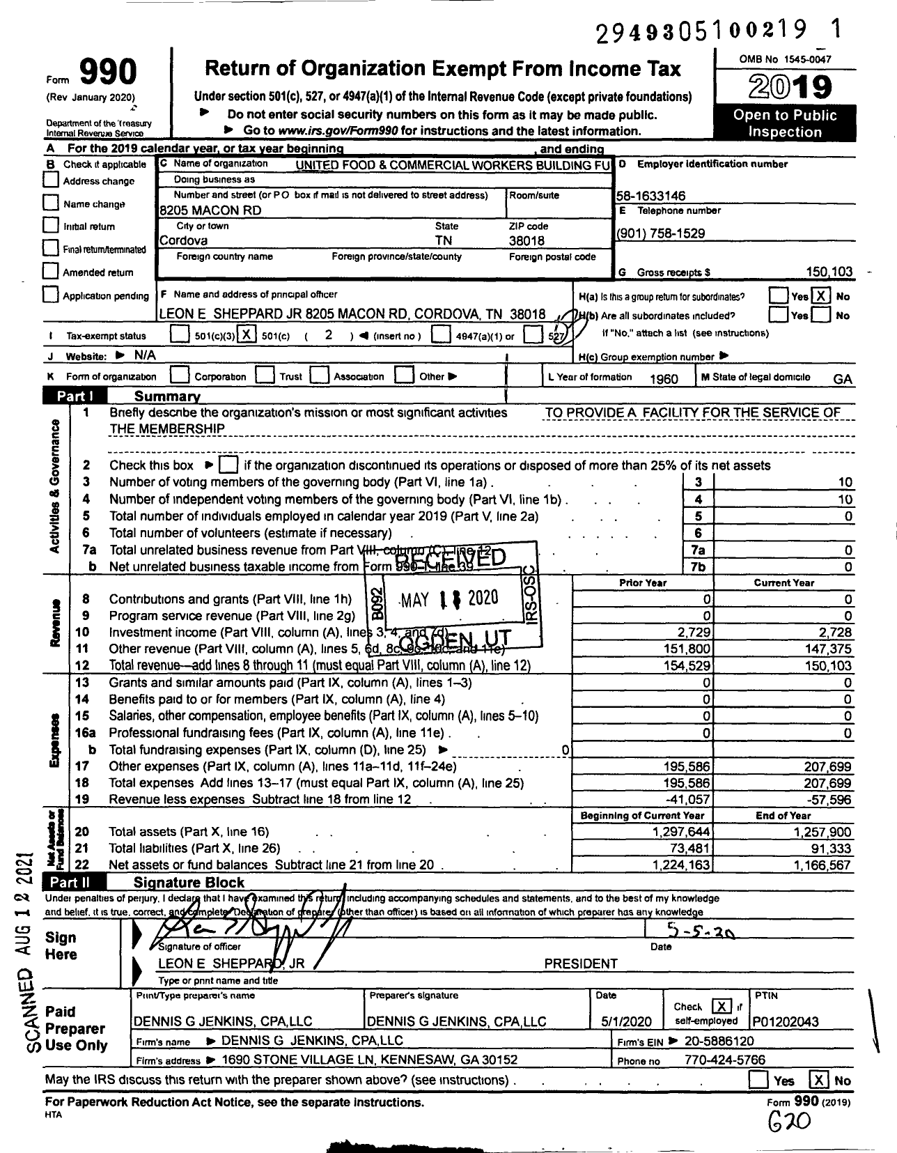 Image of first page of 2019 Form 990 for United Food & Commercial Workers Union - 1529 Bldg Fund Corp